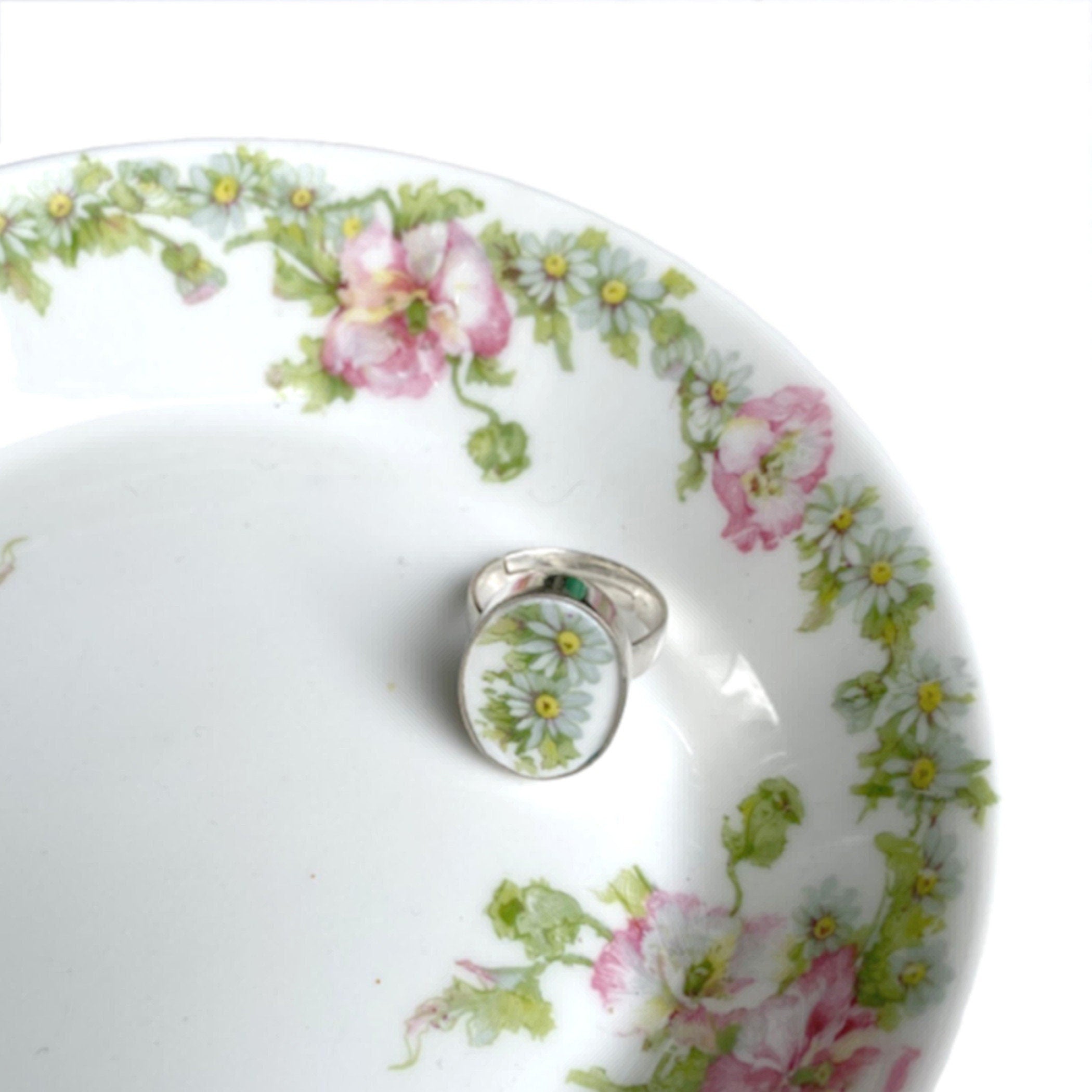 French Limoges Porcelain Daisy Ring, Broken China Jewelry Ring Gift for Her