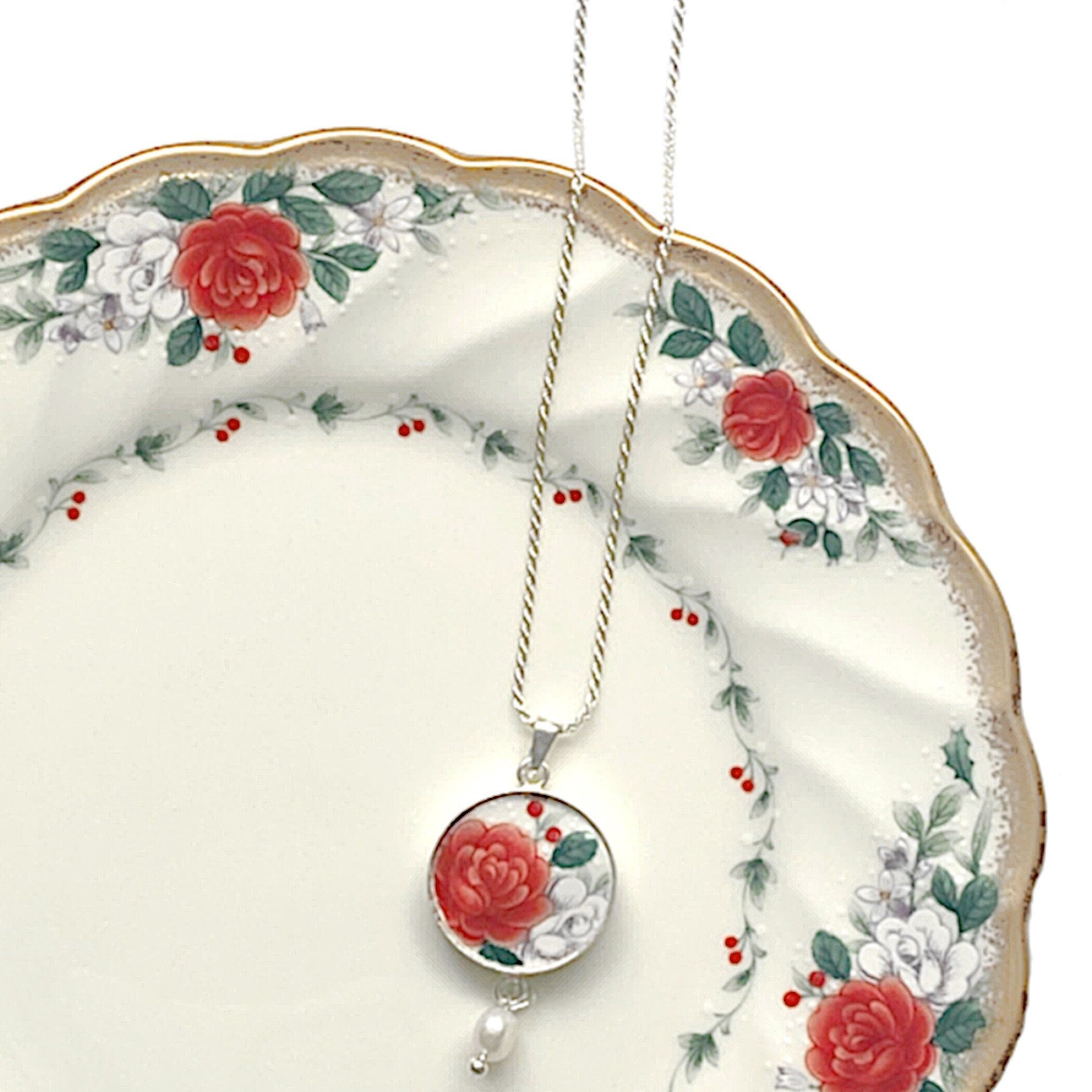 Romantic Red Rose China Necklace Pendant handmade with Upcycled Porcelain & Sterling Silver, Thoughtful Broken China Jewelry Gift for Wife