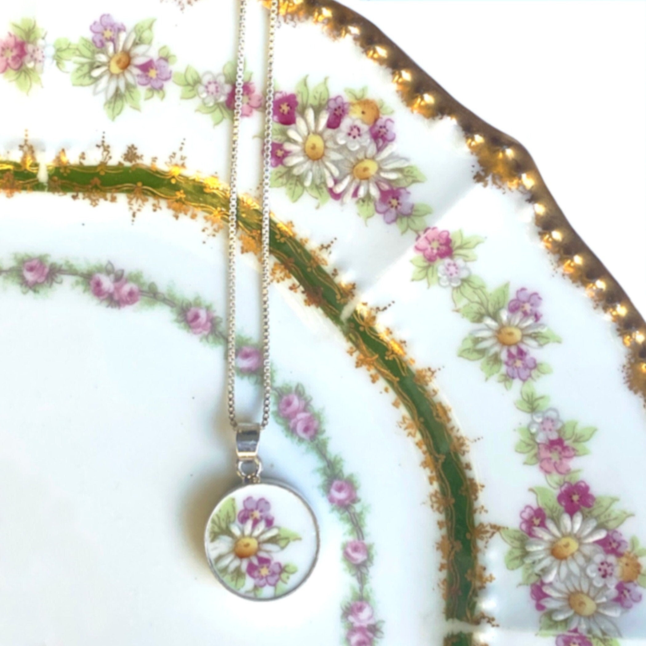 French Limoges Daisy China Necklace with Small Upcycled Porcelain Pendant