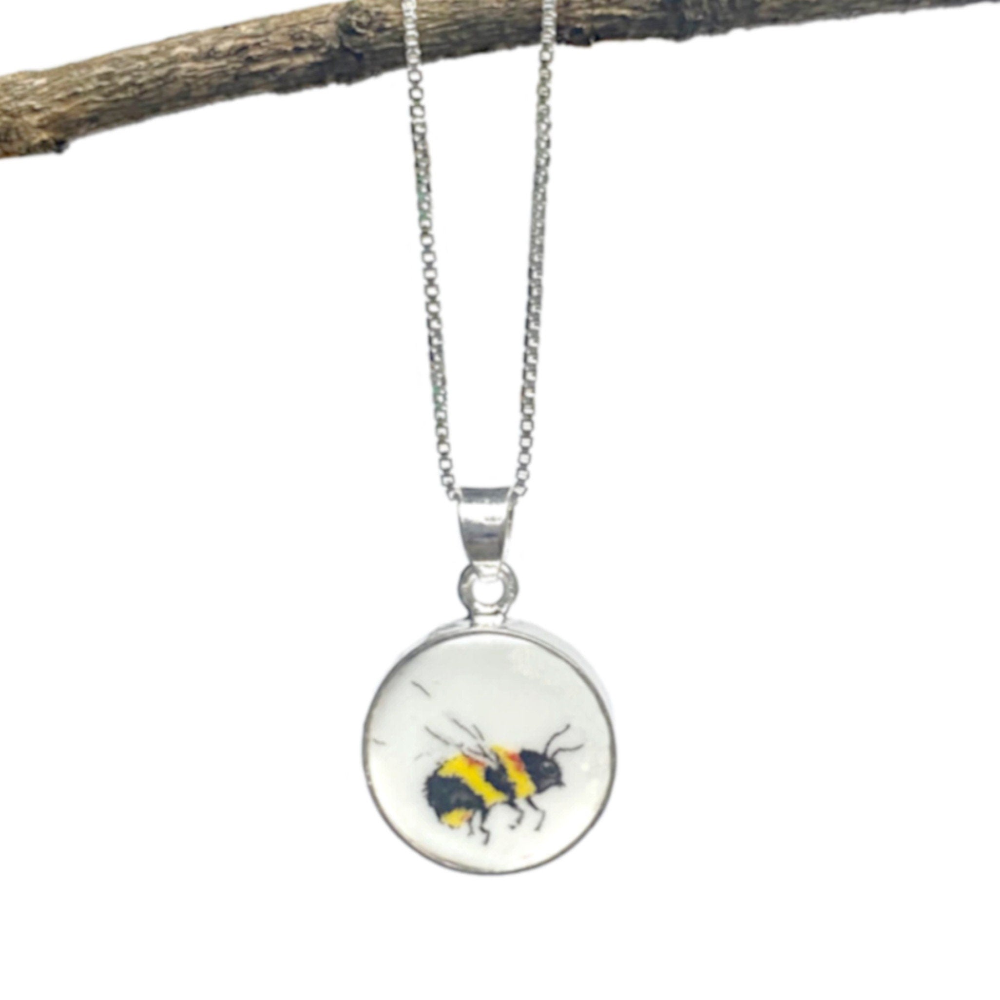 Sweet Honey Bee China Pendant Necklace, Broken China Jewelry