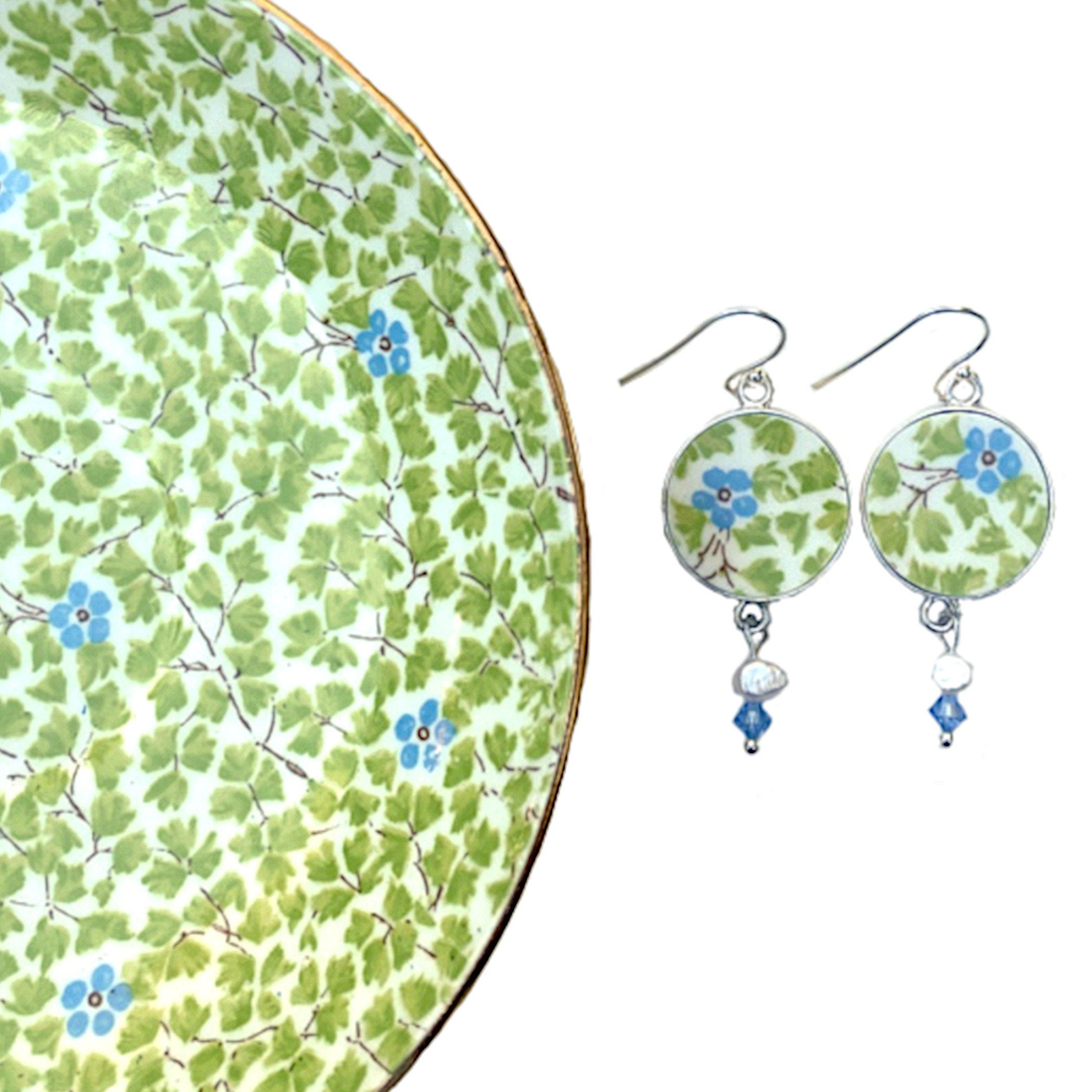 Fresh Spring Green Floral Chintz China Earrings with Tiny Blue Flowers