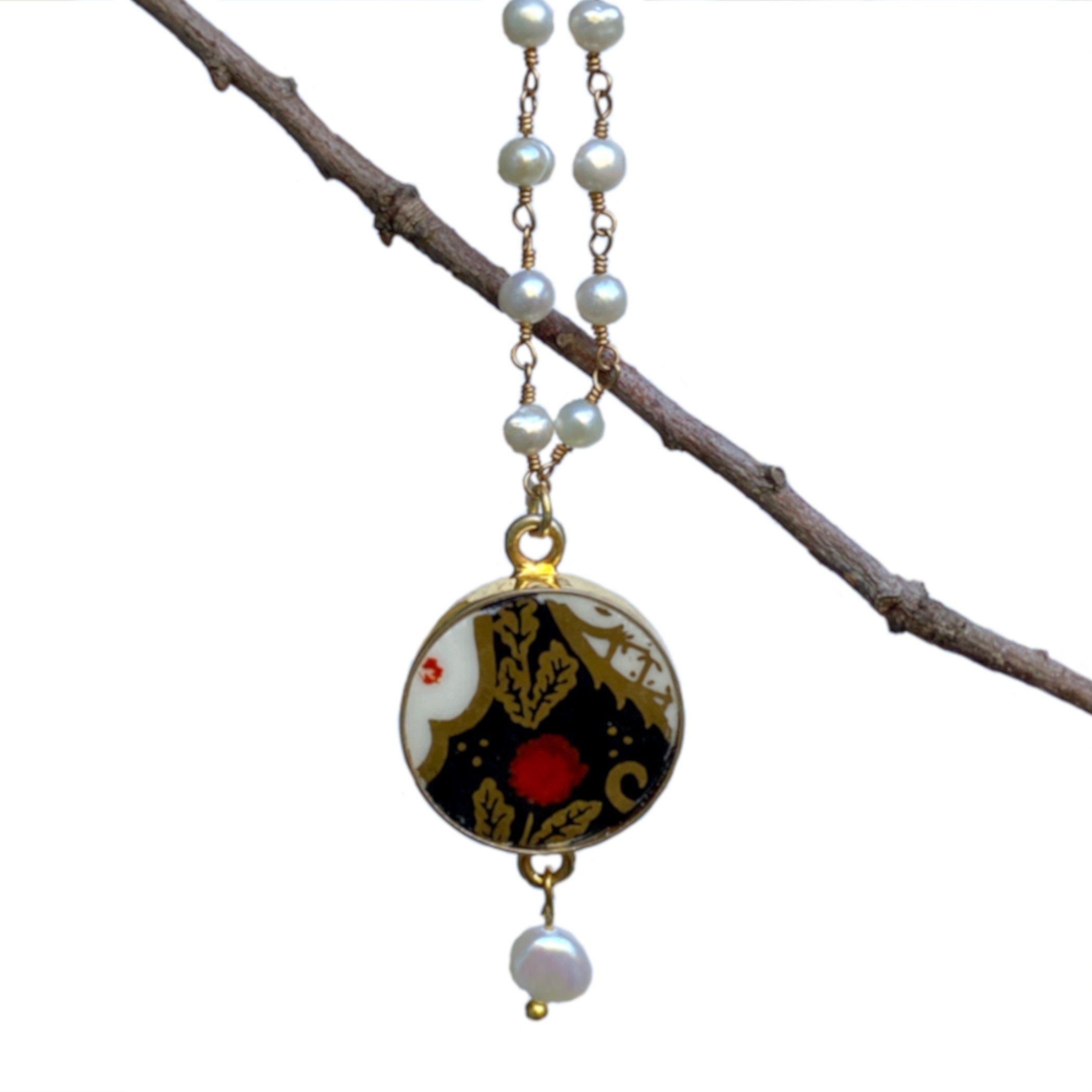 Vintage Imari Porcelain Necklace handmade with Black Red Gold Imari & Tiny Pearl Chain