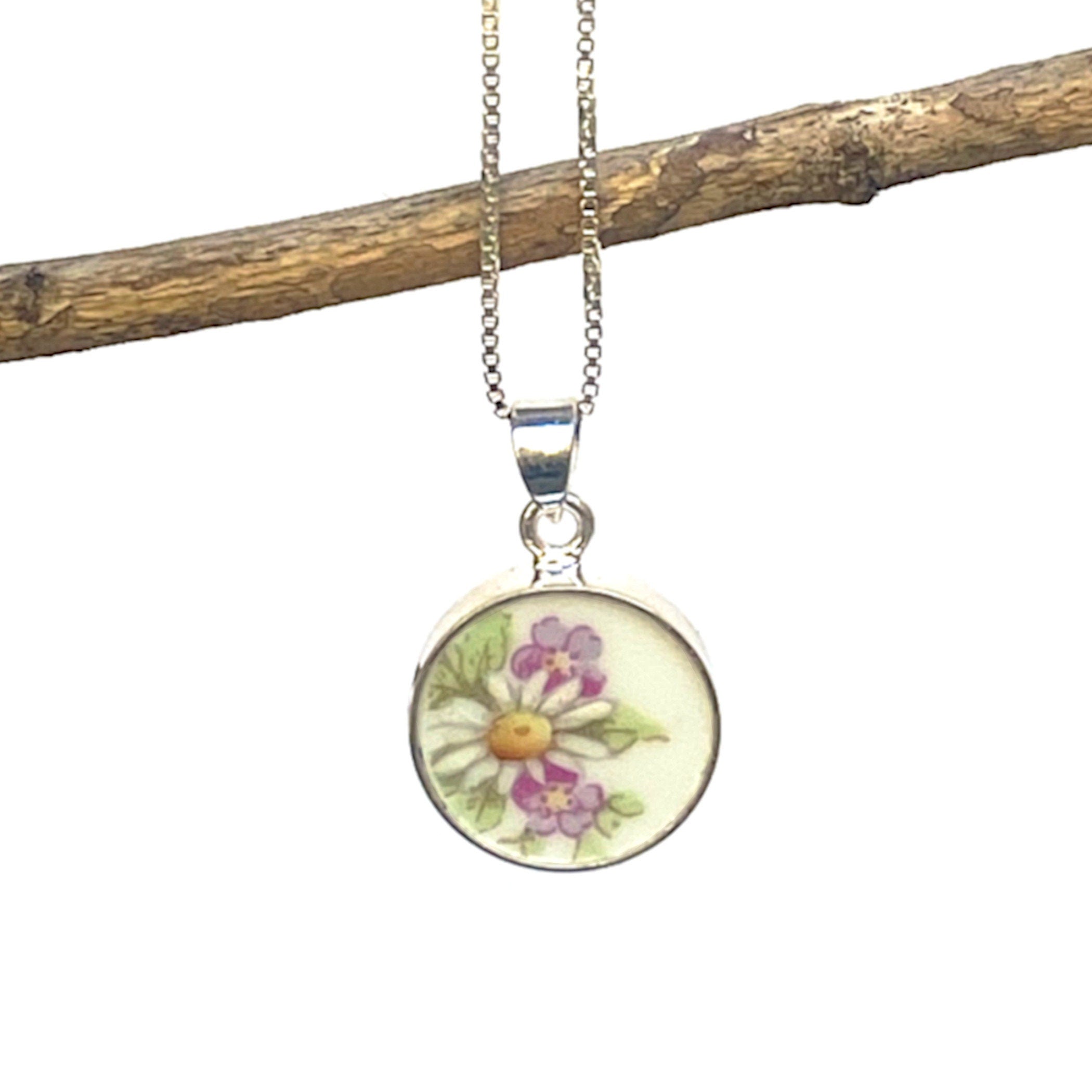 French Limoges Daisy China Necklace with Small Upcycled Porcelain Pendant