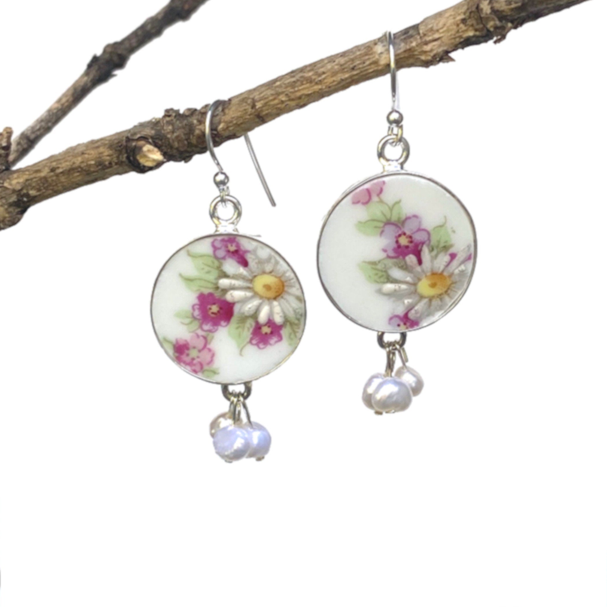 Mismatched Daisy Floral China Earrings handmade with French Limoges China