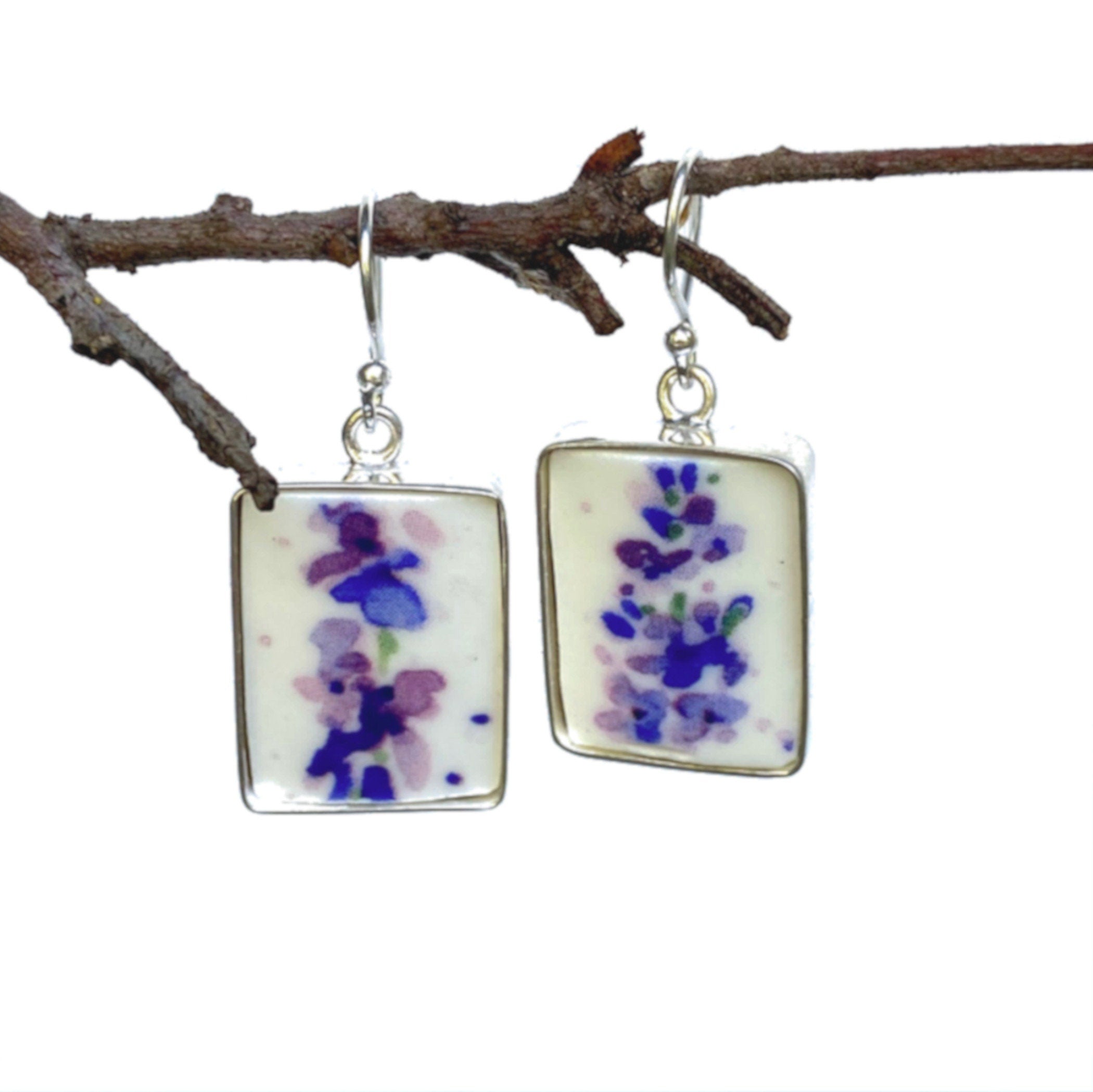 Vintage French Lavender Blossom China Earrings made with Upcycled China