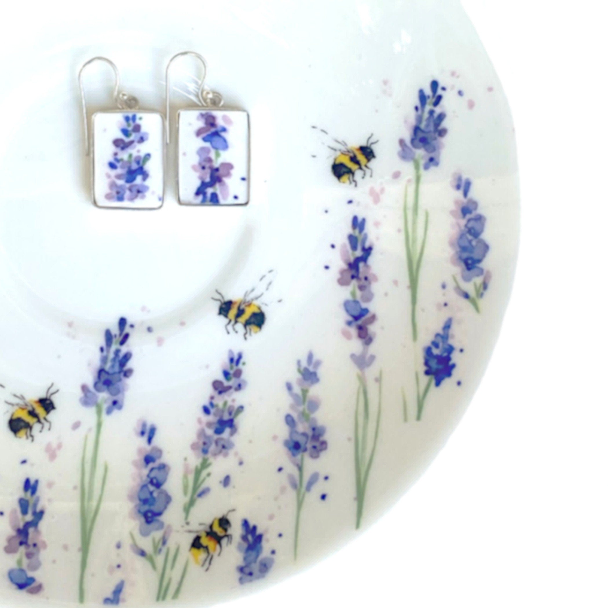 Vintage French Lavender Blossom China Earrings made with Upcycled China