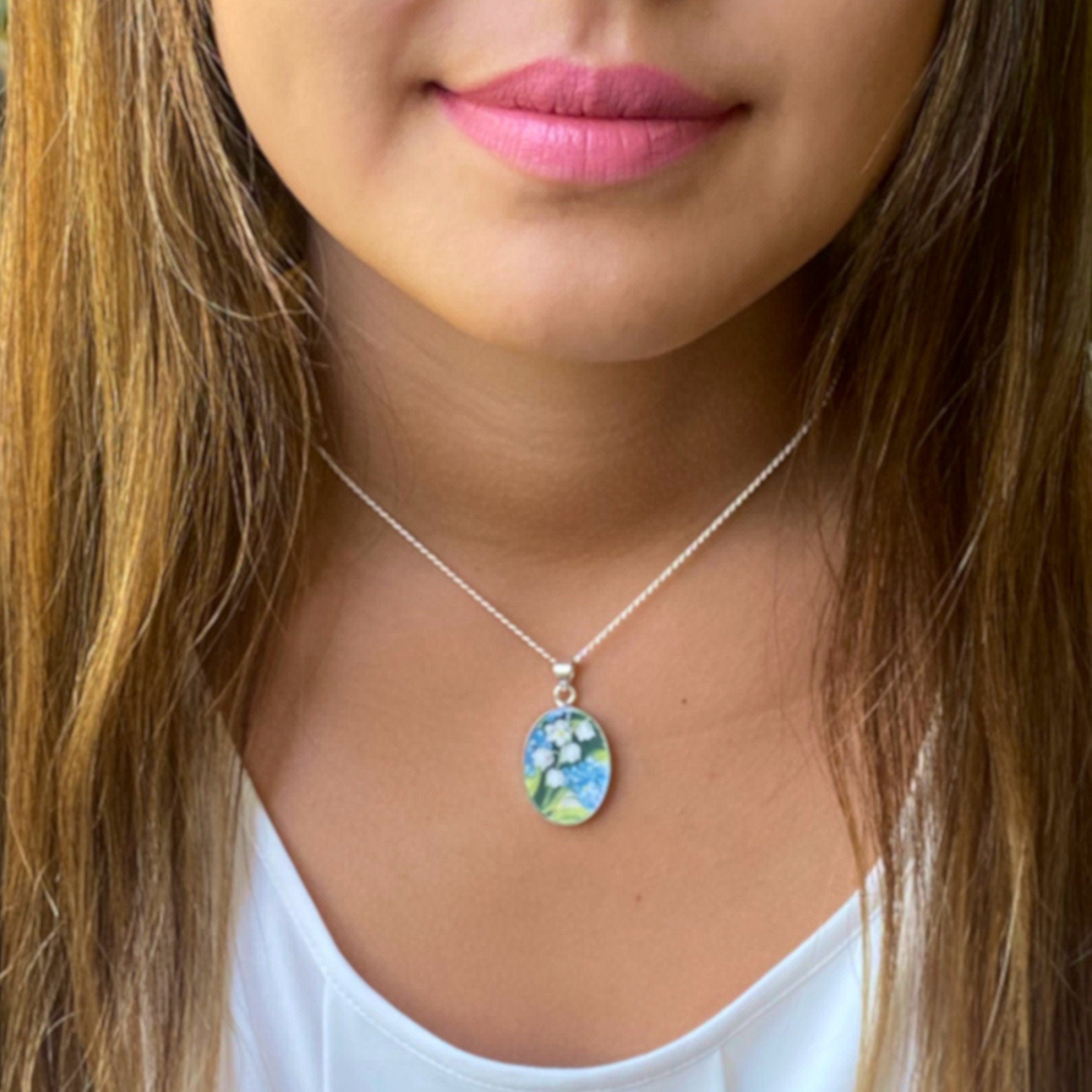 Royal Albert Forget Me Not & Lily of the Valley Necklace with Upcycled Porcelain