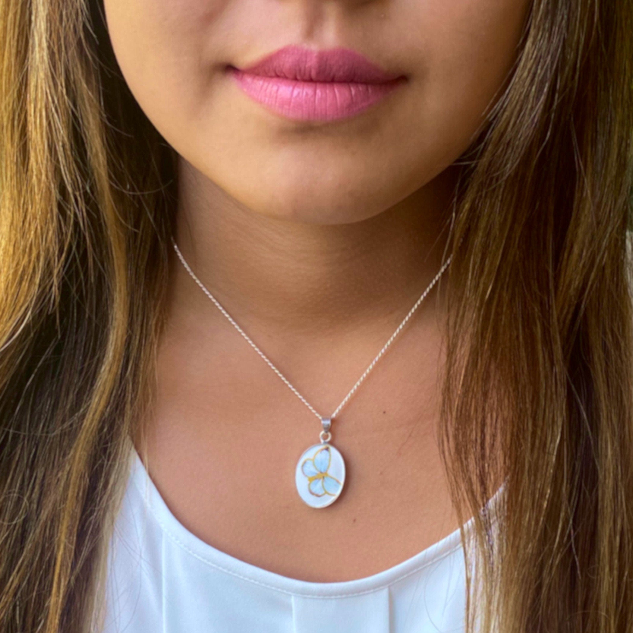 Sweet Blue Butterfly China Necklace with Oval Statement Pendant