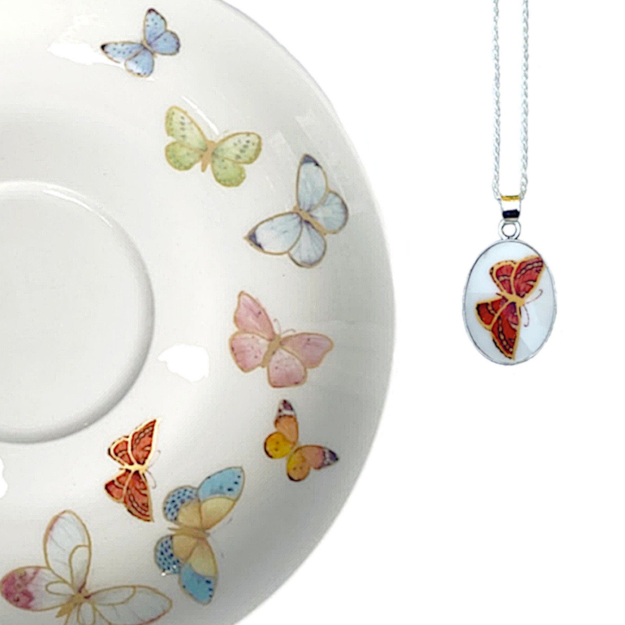 Monarch Butterfly Necklace handmade with Repurposed China & Sterling Silver, Butterfly Aesthetic Broken China Jewelry New Beginnings Gift