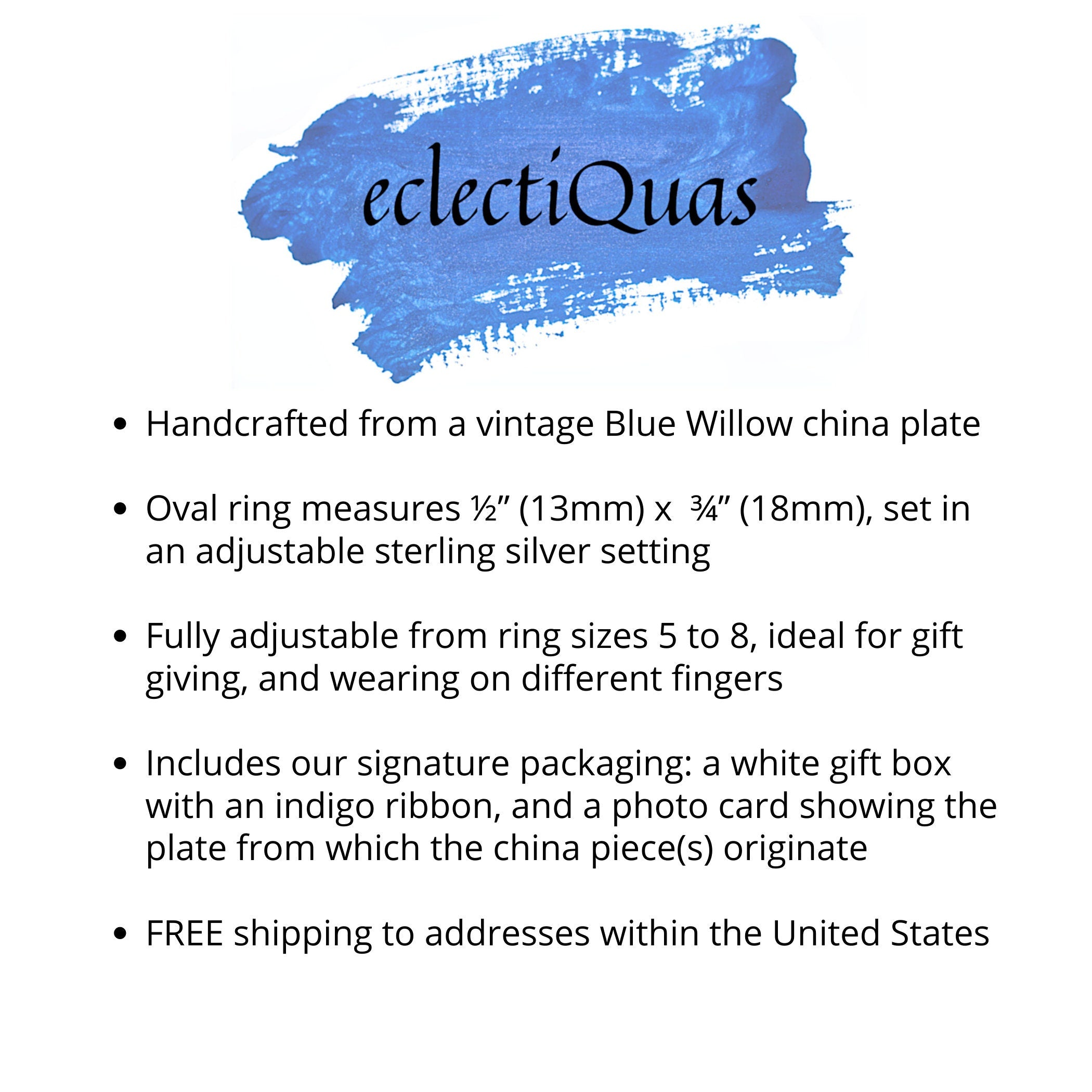 Vintage Chinoiserie Broken China Jewelry Blue Willow China Rings