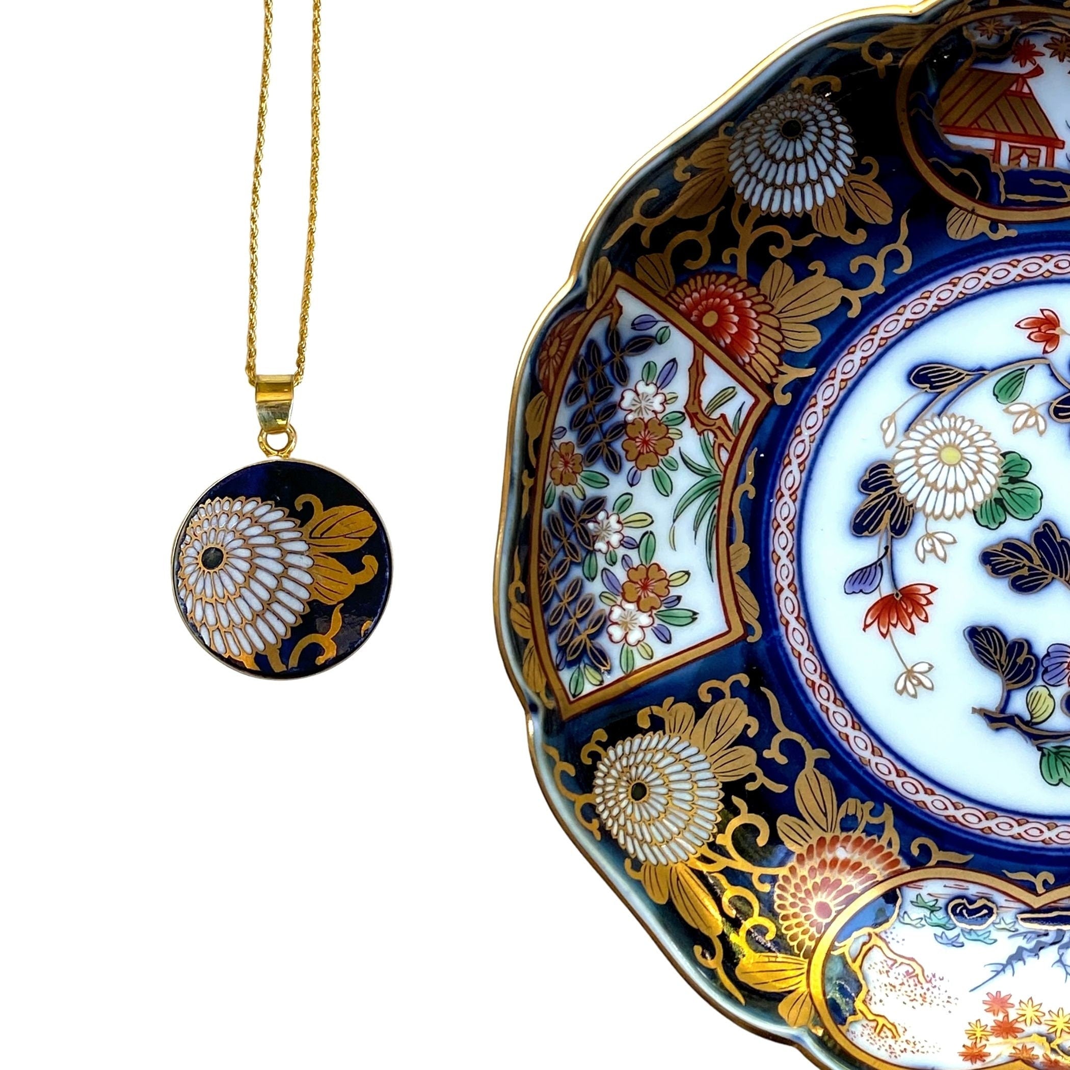 Japanese White Floral Imari Porcelain Necklace handmade from Arita Yaki