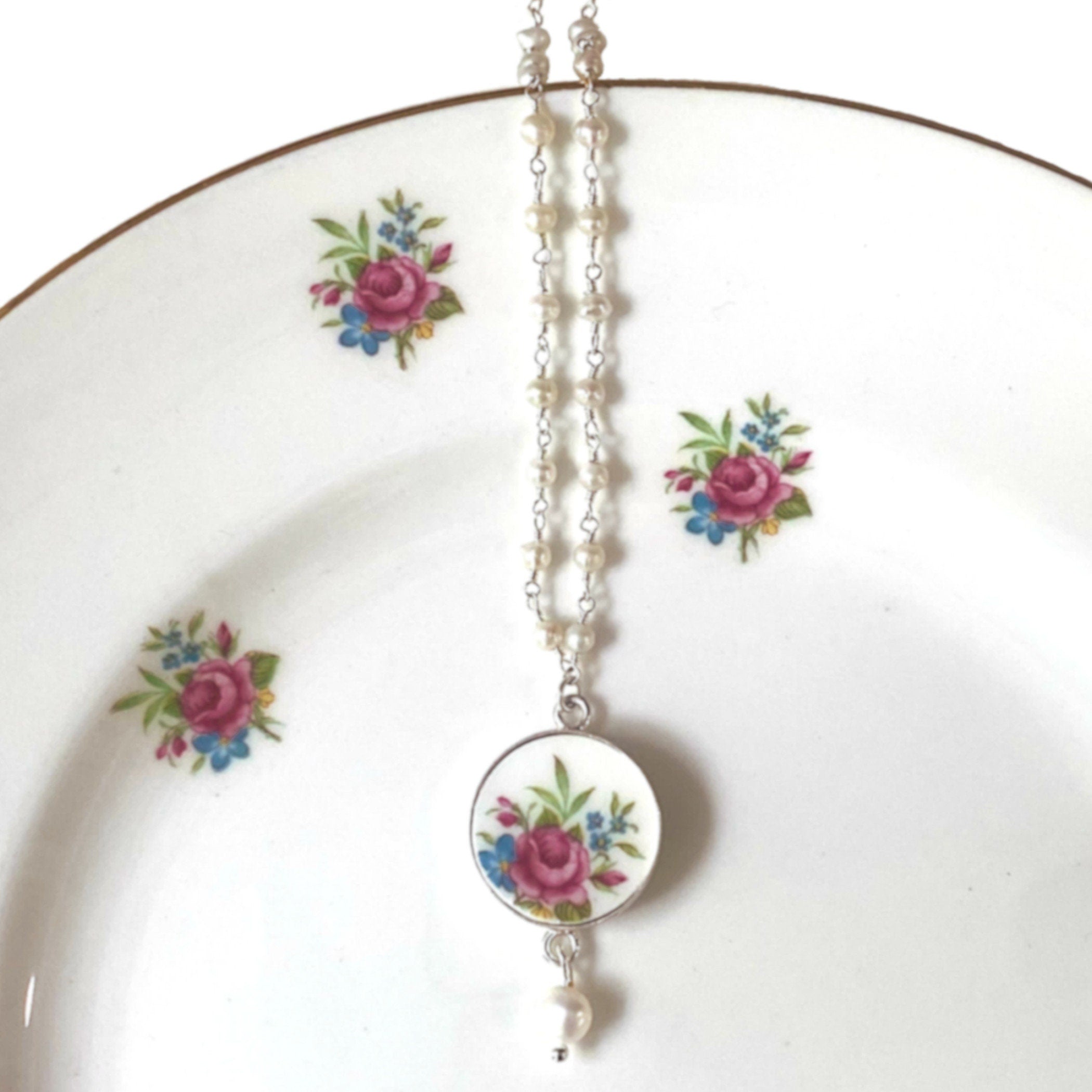 Rose Broken China Jewelry handmade with English Porcelain & Pearl Necklace