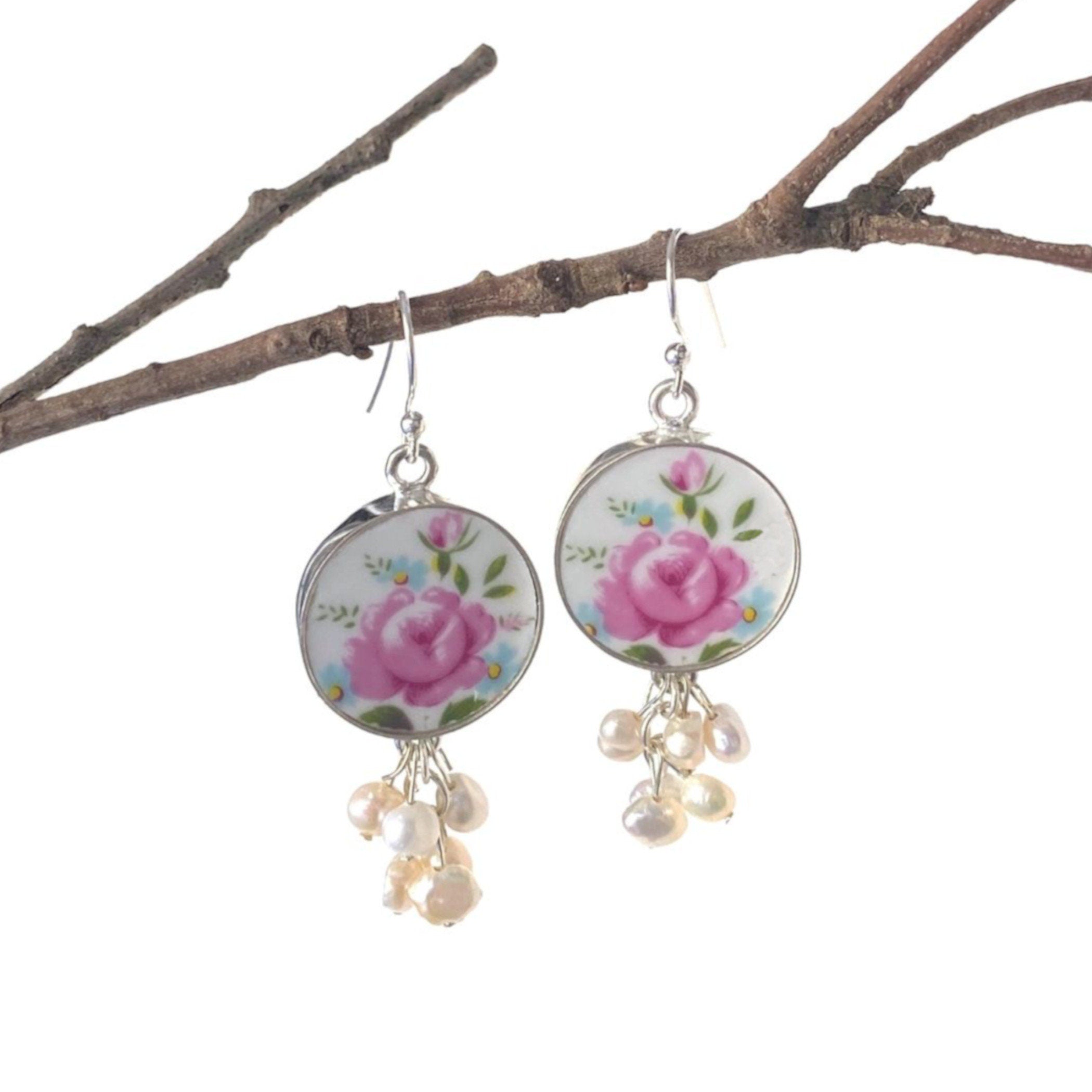 Rose China Earrings handmade with Pearl Chandeliers & Vintage Rosina China