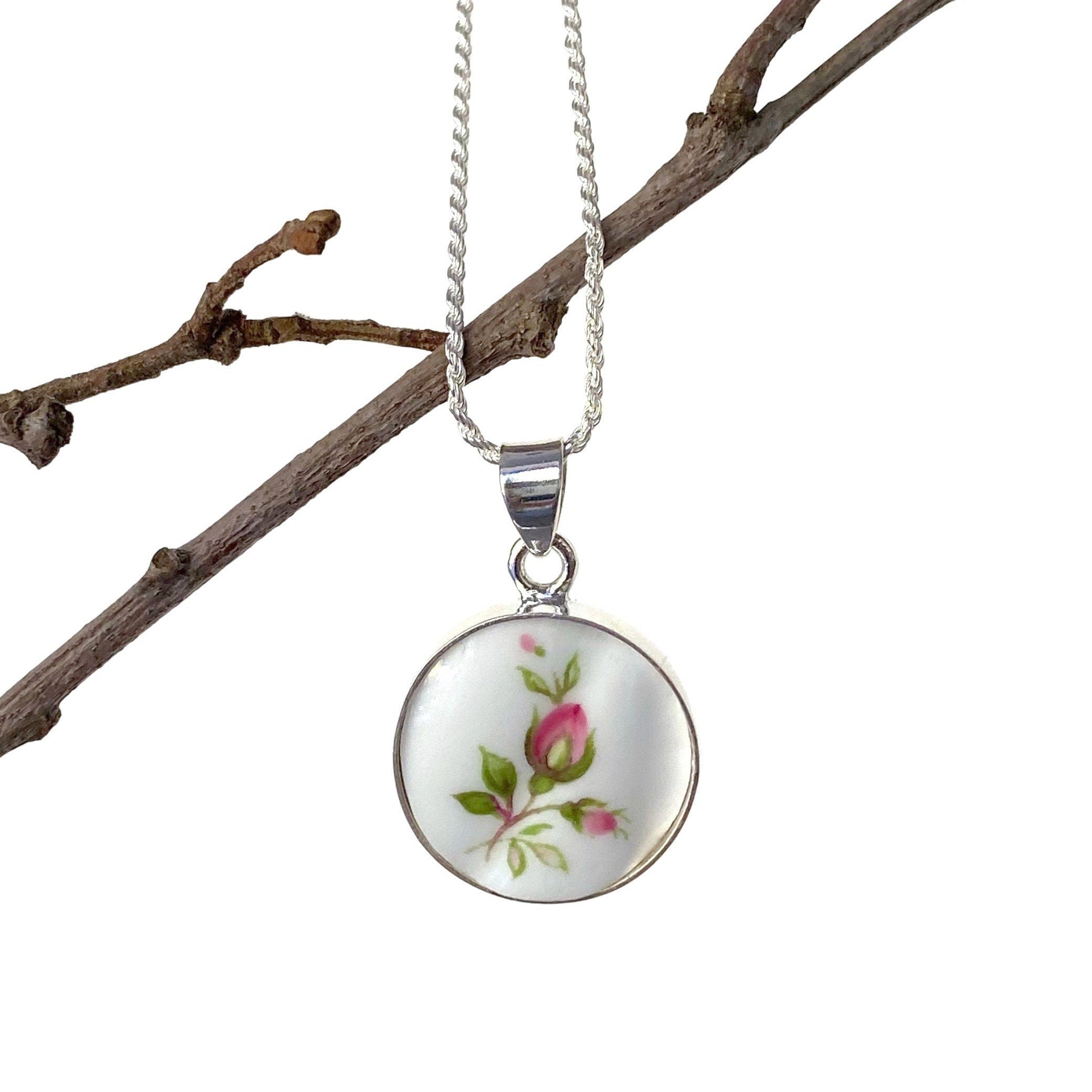 Tiny Pink Rosebud Pendant handmade with Vintage Royal Albert China & Sterling Silver