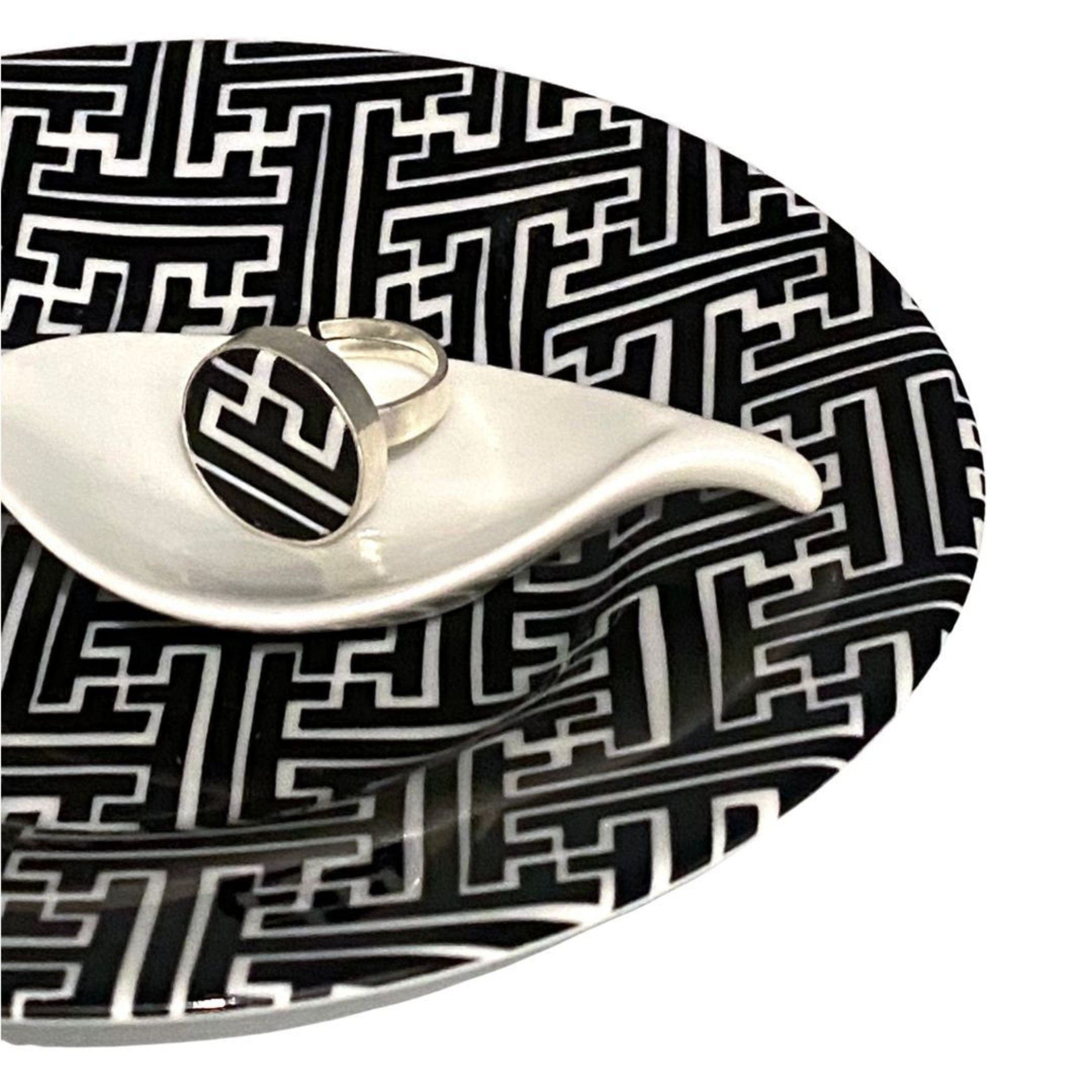 Bold Black and White Geometric China Ring with Modern Vintage Vibe