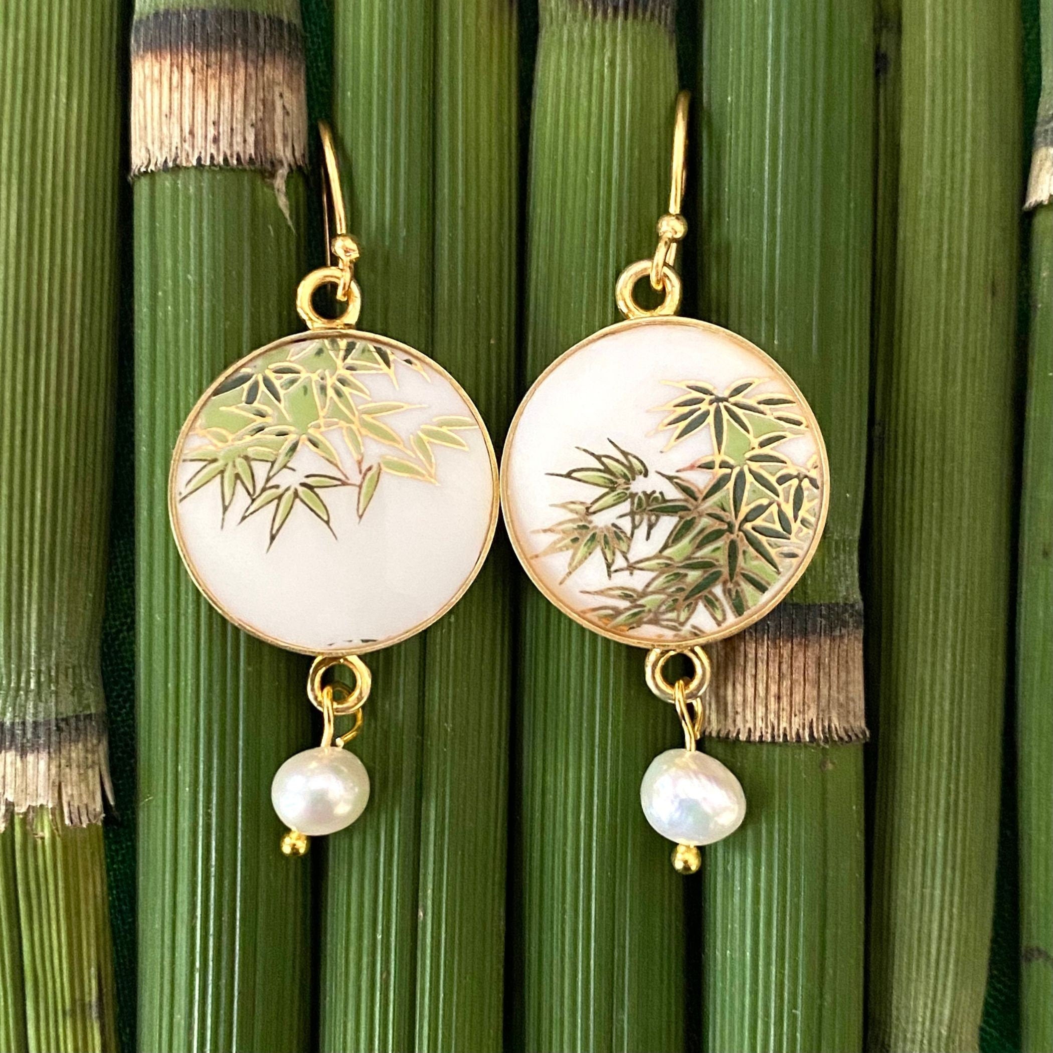 Asian Inspired Leaf China Earrings Handmade with Upcycled Bamboo China, Broken China Jewelry Gift for Her with Eclectic Japanese Aesthetic