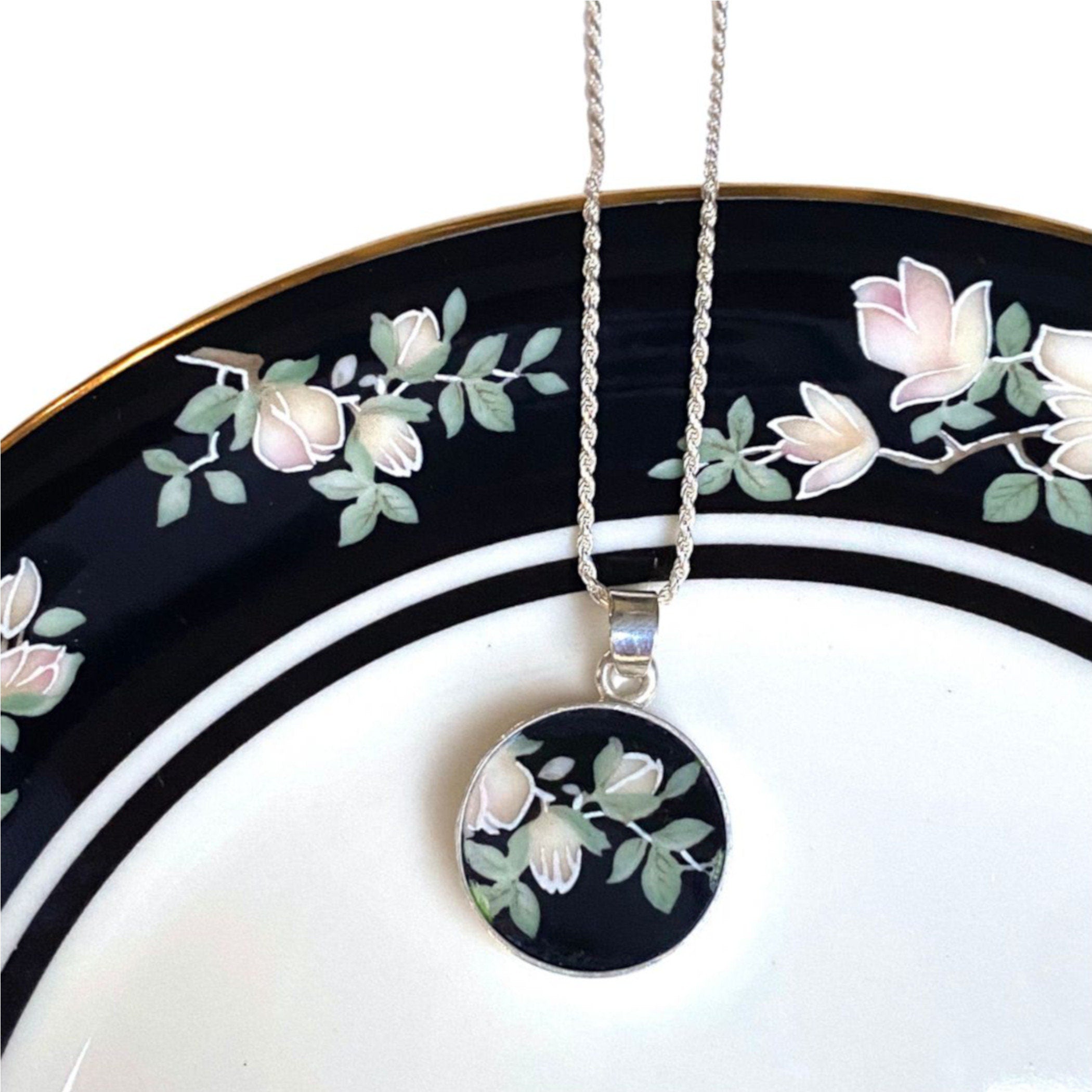 Tiny Black and White Floral China Pendant with Black Chinoiserie Style