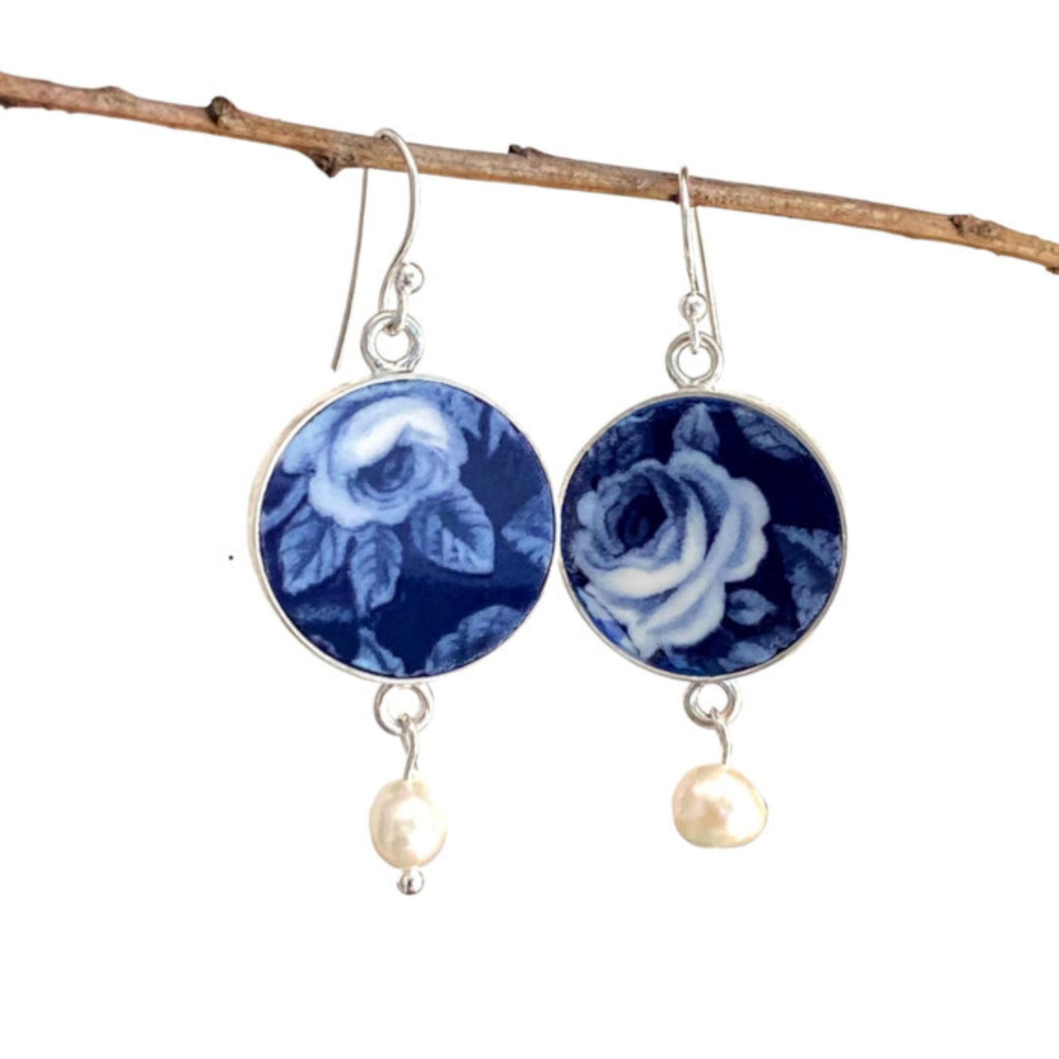 Vintage Indigo Blue Rose China Earrings handmade with Upcycled Mismatched China