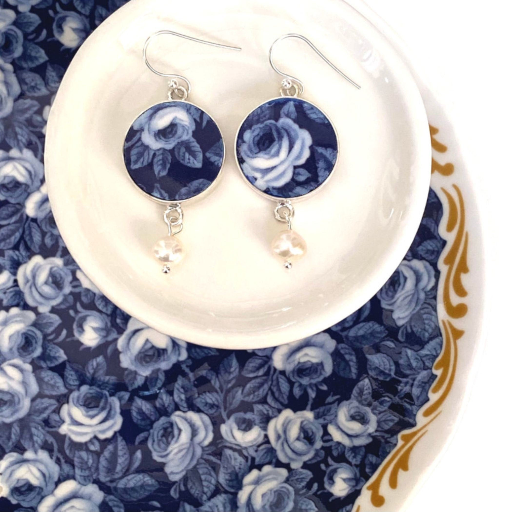 Vintage Indigo Blue Rose China Earrings handmade with Upcycled Mismatched China