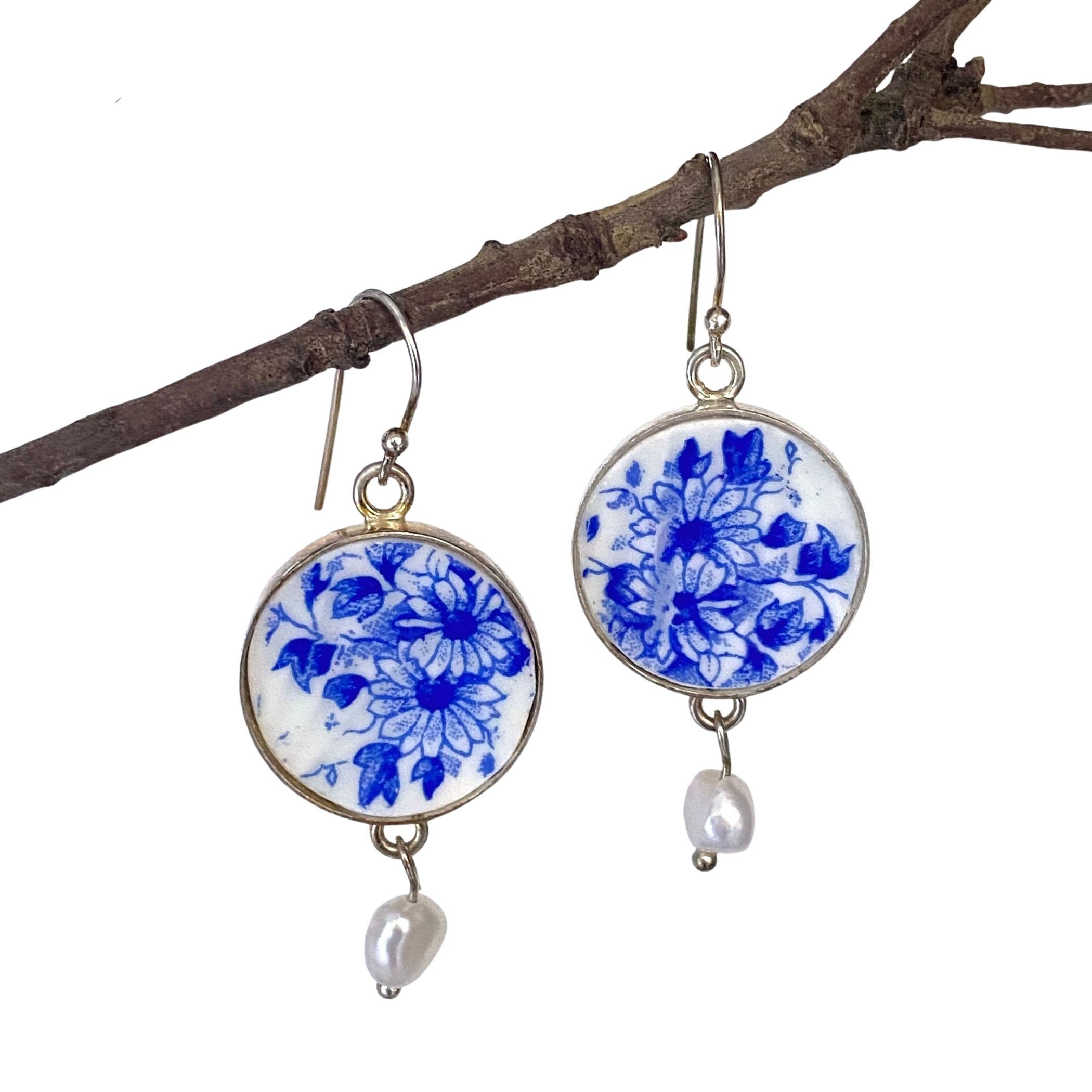 Shelley Dainty Blue and White China Earrings with Tiny Blue Daisies