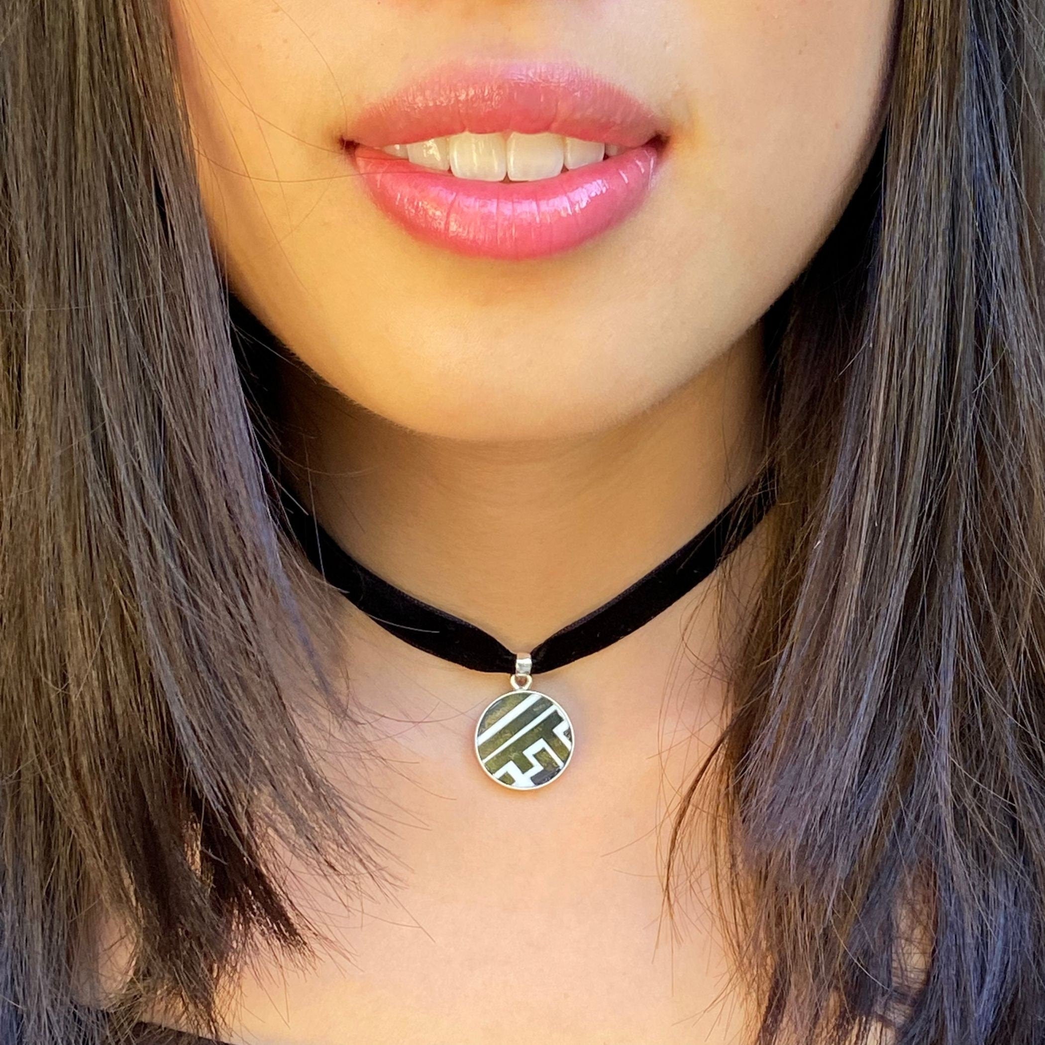 Teenage Girl Gift of Black Velvet Choker with Bold Black White Sterling Silver China Pendant, Upcycled Jewelry Gift for Pre Teen Daughter