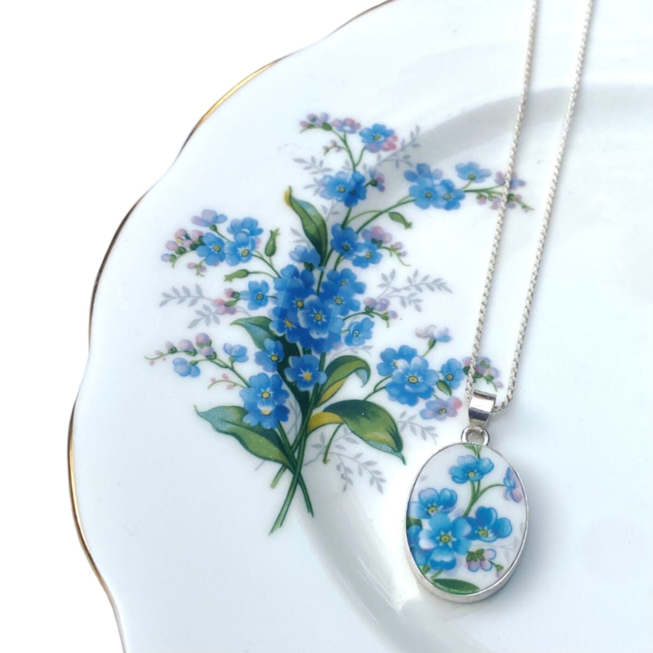 Vintage Royal Albert Forget Me Not Flower China Necklace