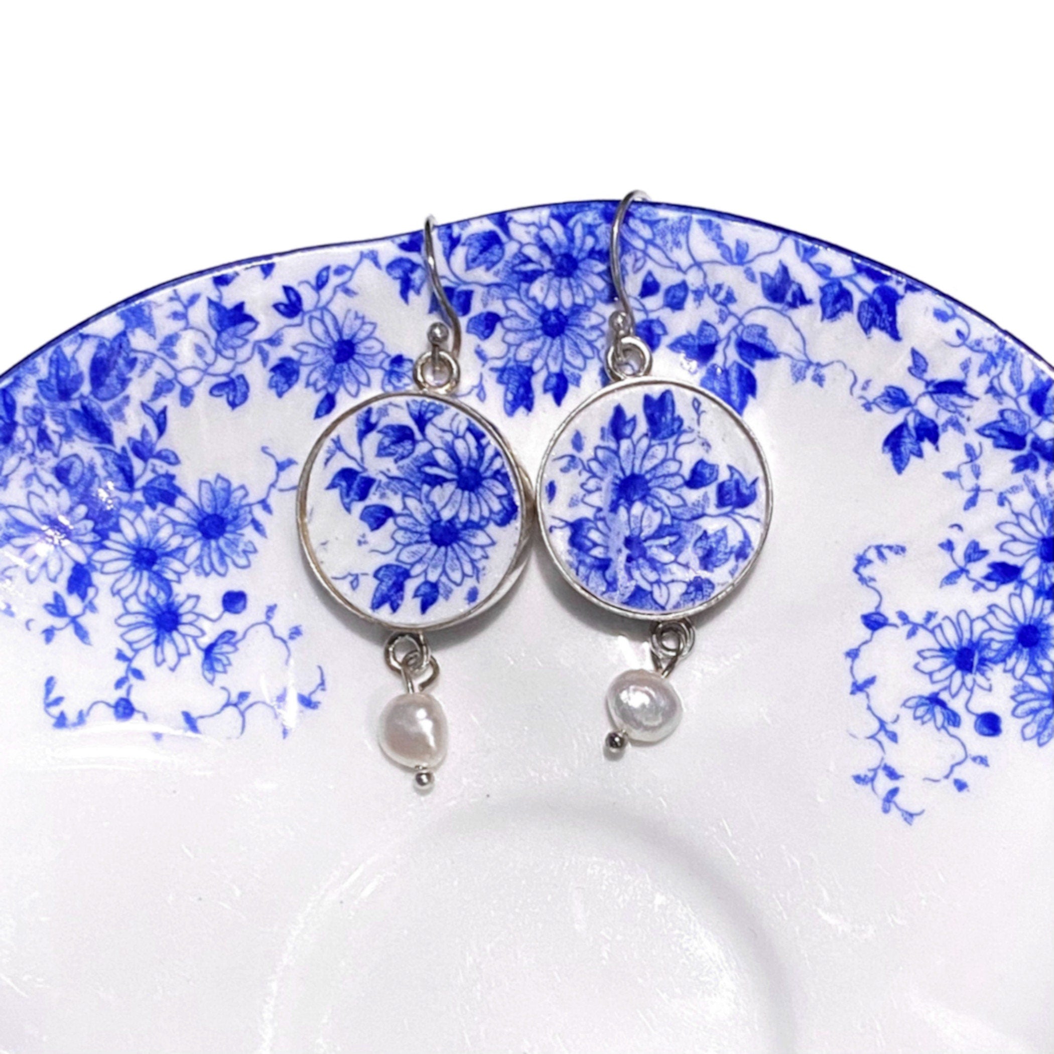 Shelley Dainty Blue and White China Earrings with Tiny Blue Daisies