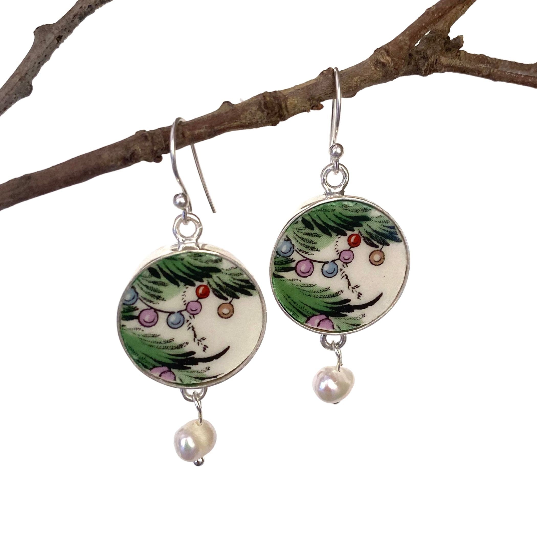 Broken China Earrings Handmade with Spode Christmas Tree China & Sterling Silver, Nostalgic Christmas China Jewelry Gift for Women