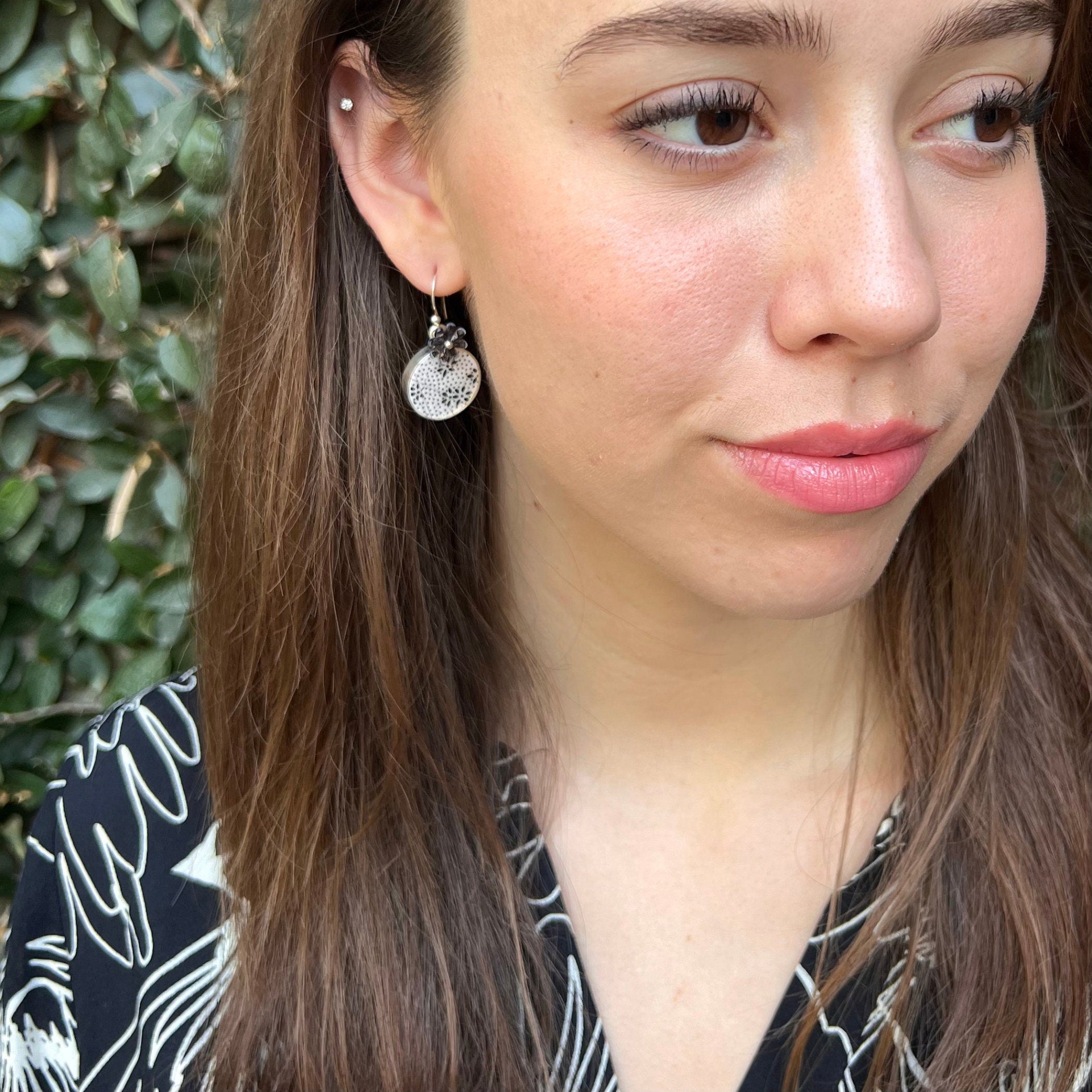 French Provincial Style Floral China Earrings with Tiny Black Flowers