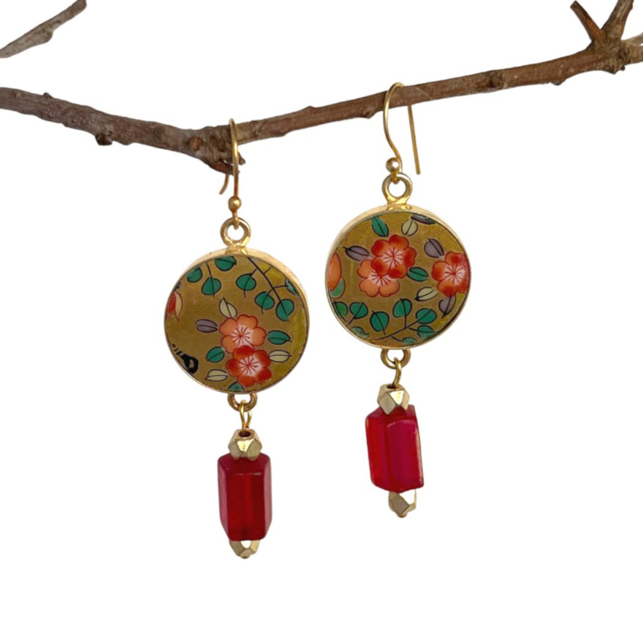 Long Red Flower China Earrings handmade with Japanese Imari Porcelain