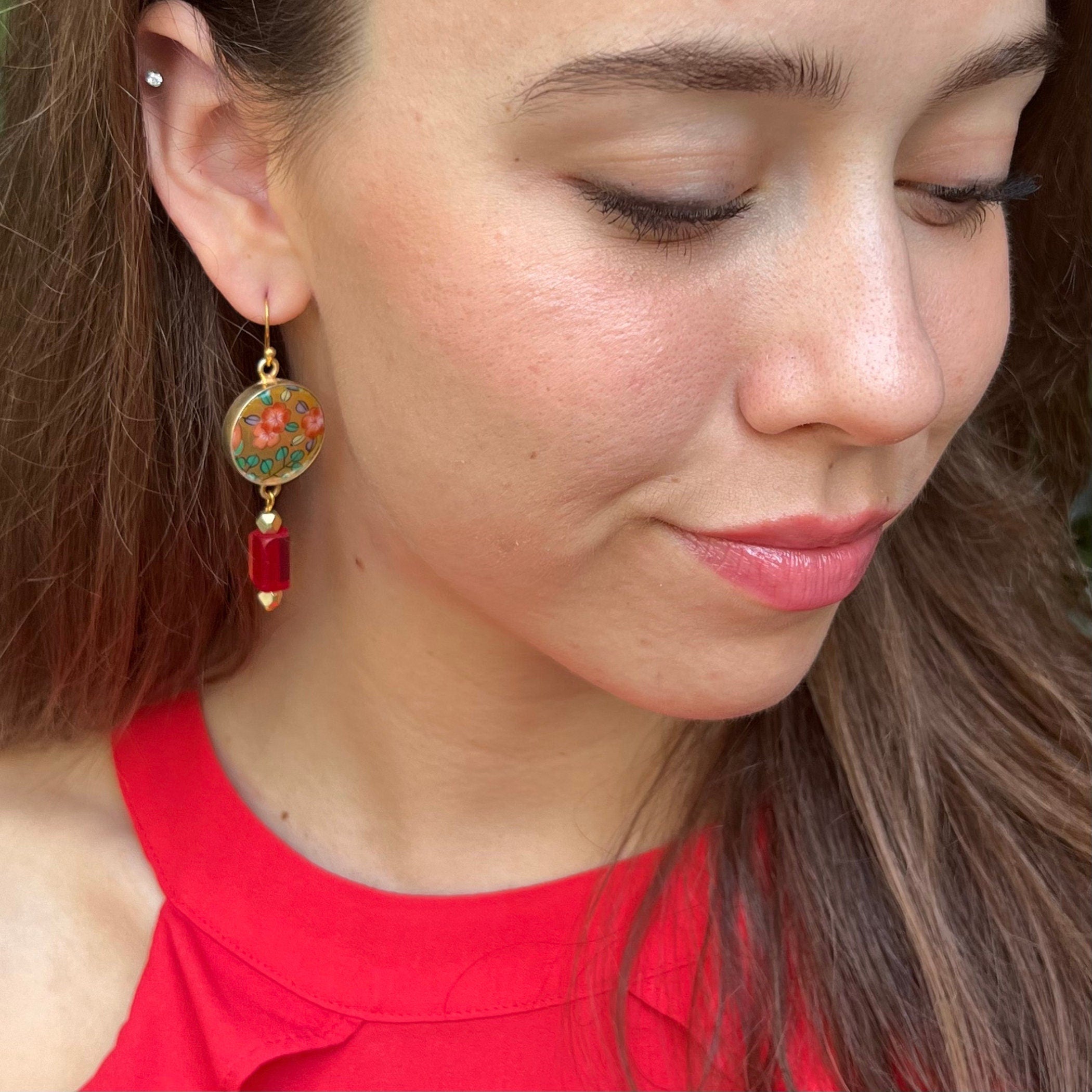 Long Red Flower China Earrings handmade with Japanese Imari Porcelain