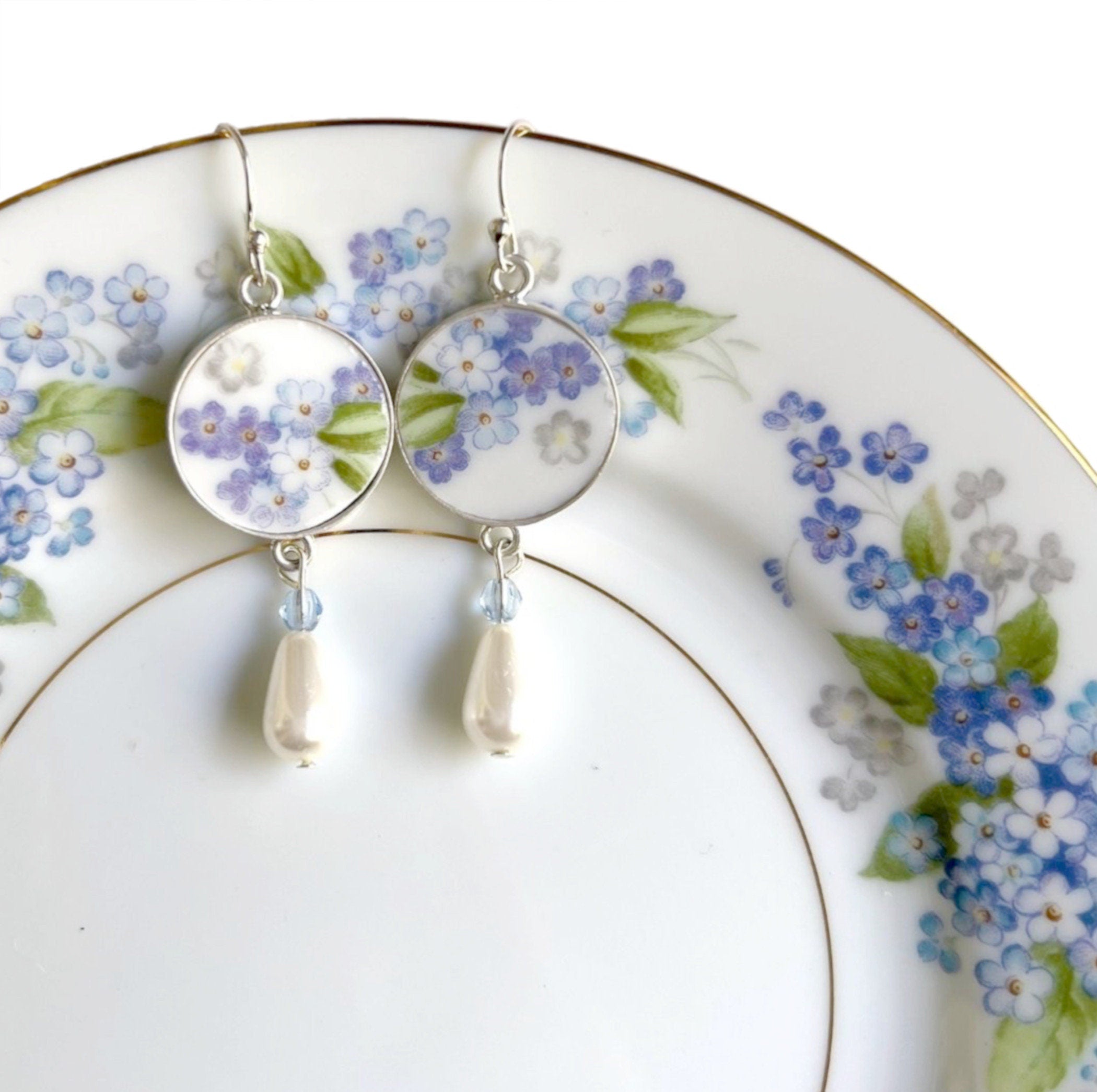 Vintage Forget Me Not Flower China Earrings handmade with Pearl Teardrops, Blue Flower Jewelry Birthday Gift for English Flower Garden Lover