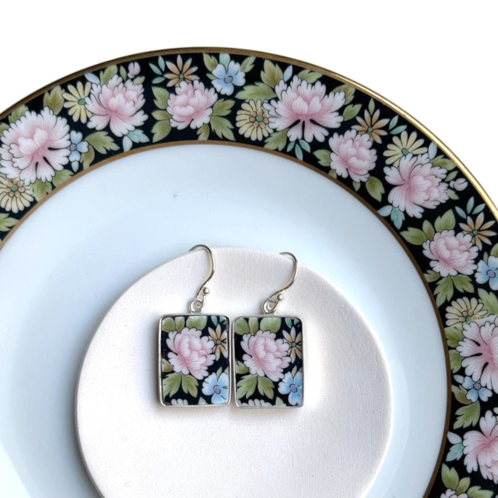 Dainty Rose Floral China Dangle Earrings handmade with Black Rose Chintz China, Pretty Vintage Style Broken China Jewelry Gift for Women