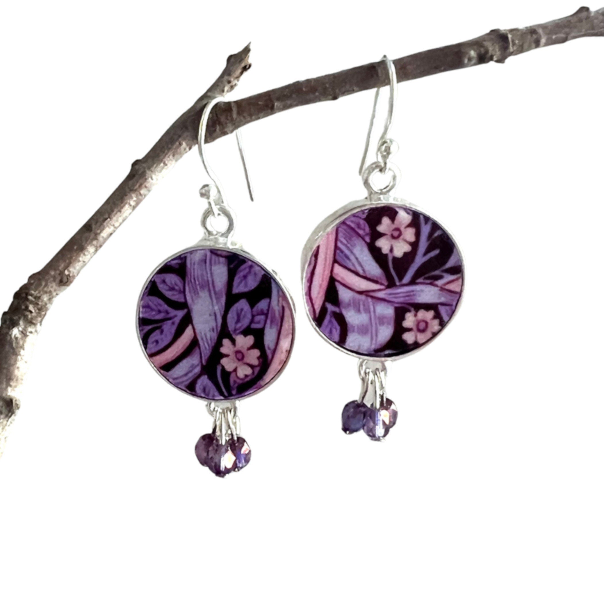 Upcycled William Morris Pimpernel Broken China Jewelry Earrings with Pink Purple Flowers