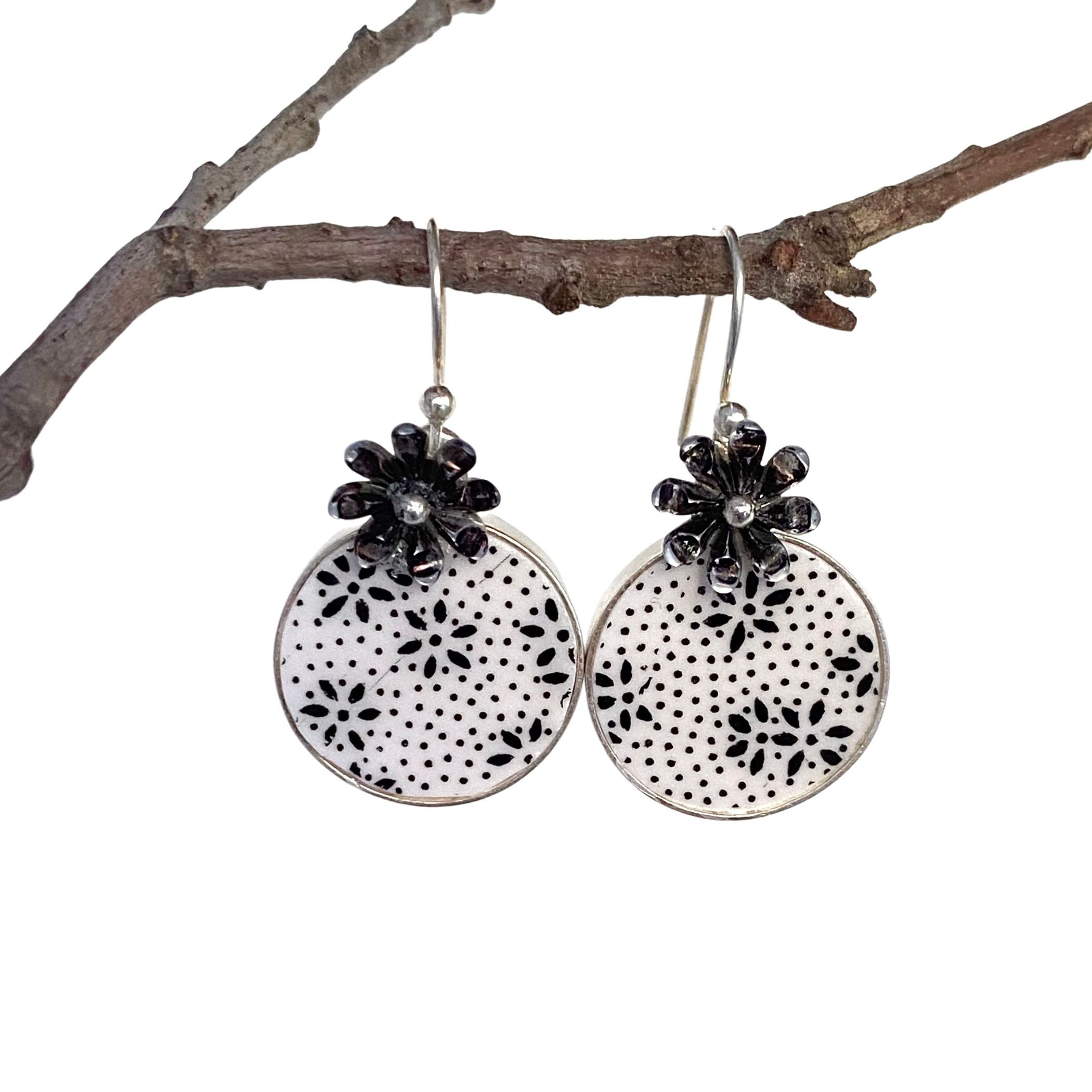 French Provincial Style Floral China Earrings with Tiny Black Flowers