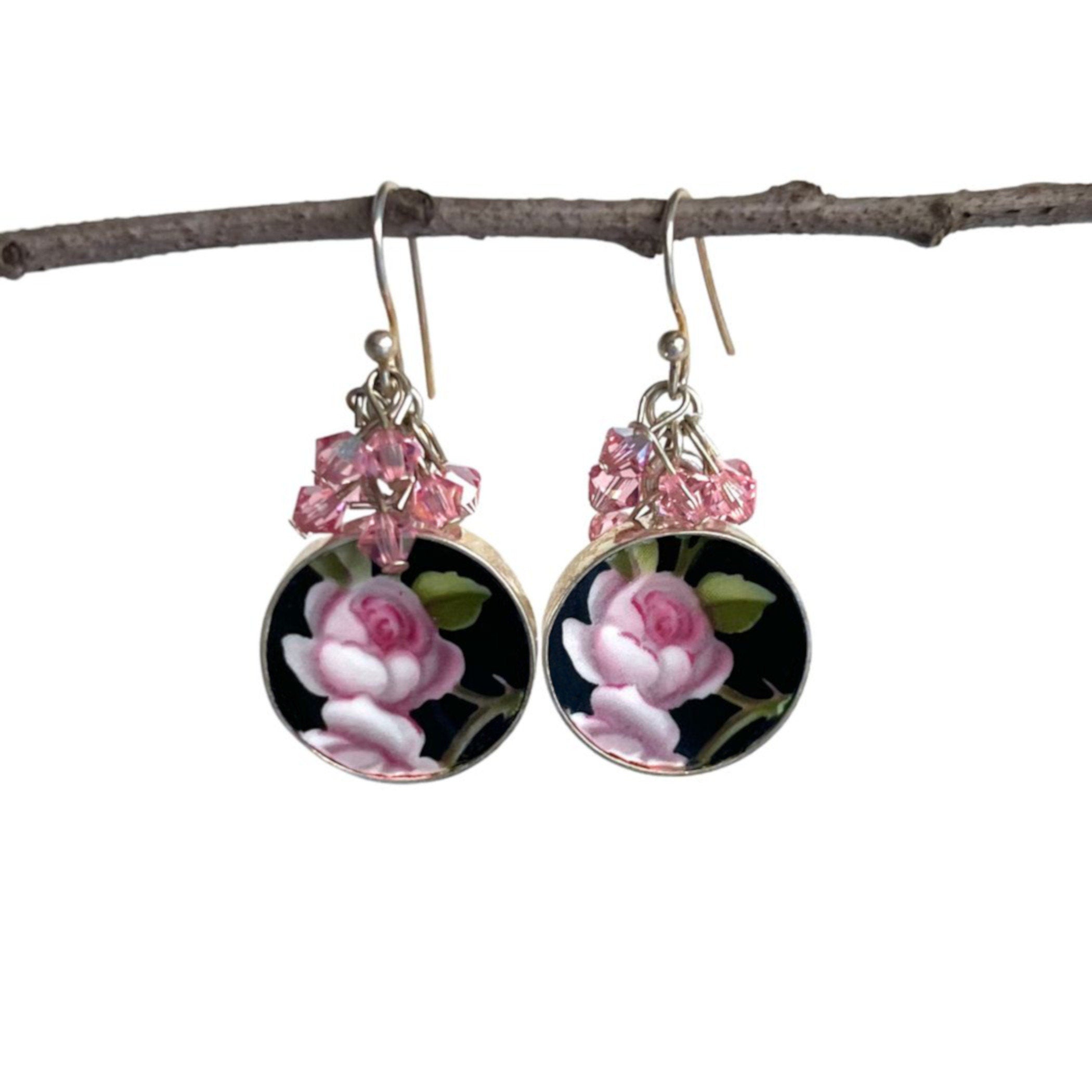 Victorian Inspired Rose Chintz China Earrings handmade with Royal Albert China