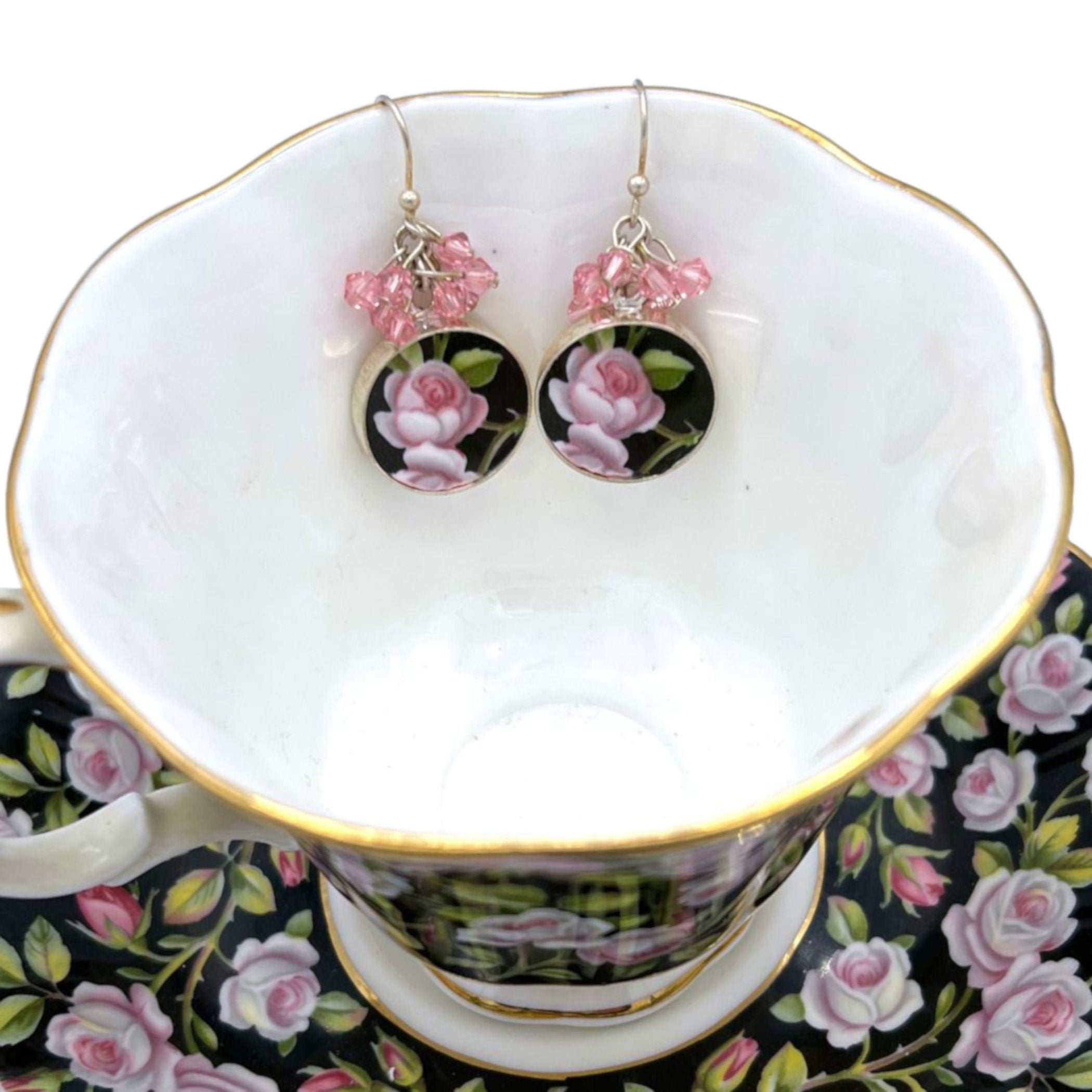 Victorian Inspired Rose Chintz China Earrings handmade with Royal Albert China