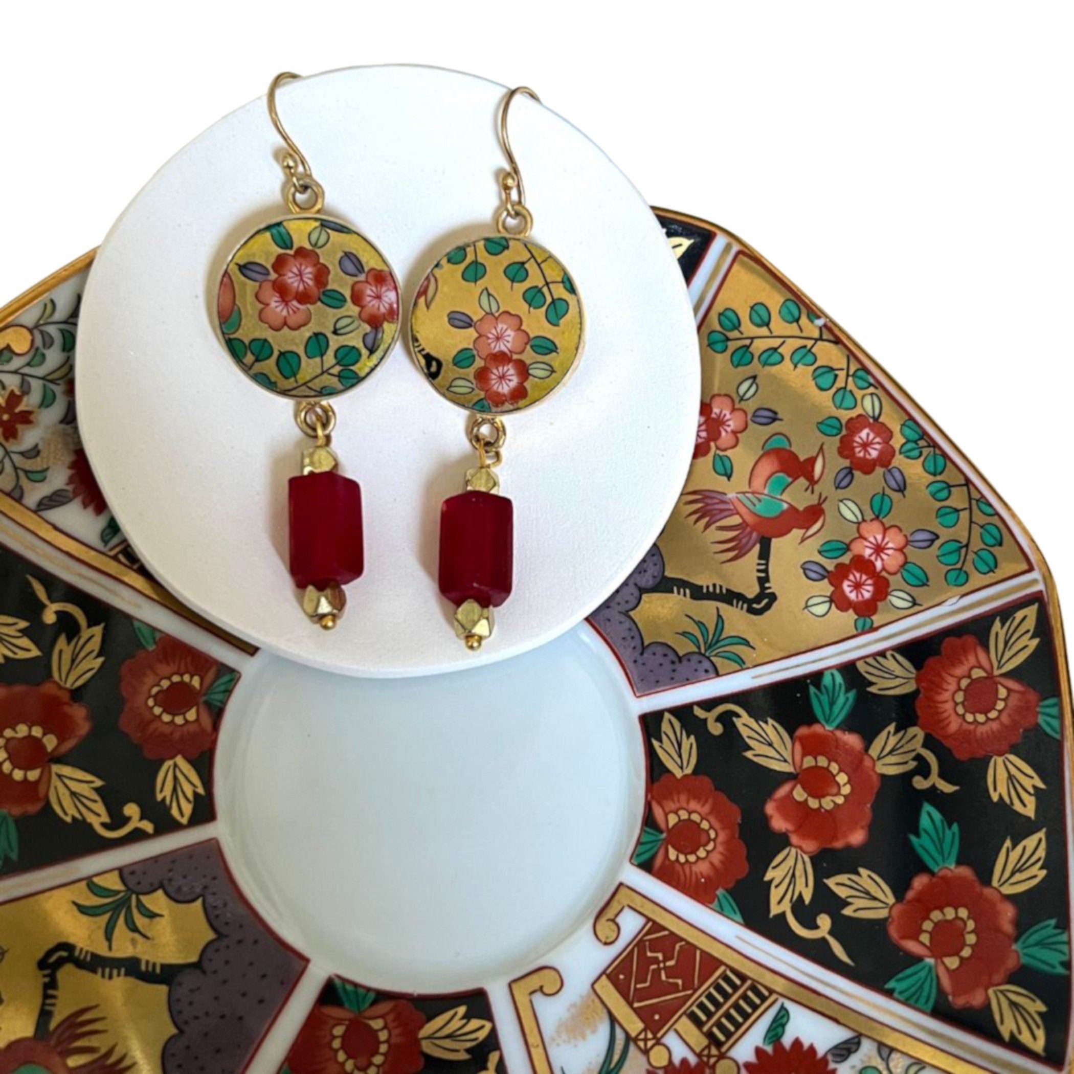 Long Red Flower China Earrings handmade with Japanese Imari Porcelain