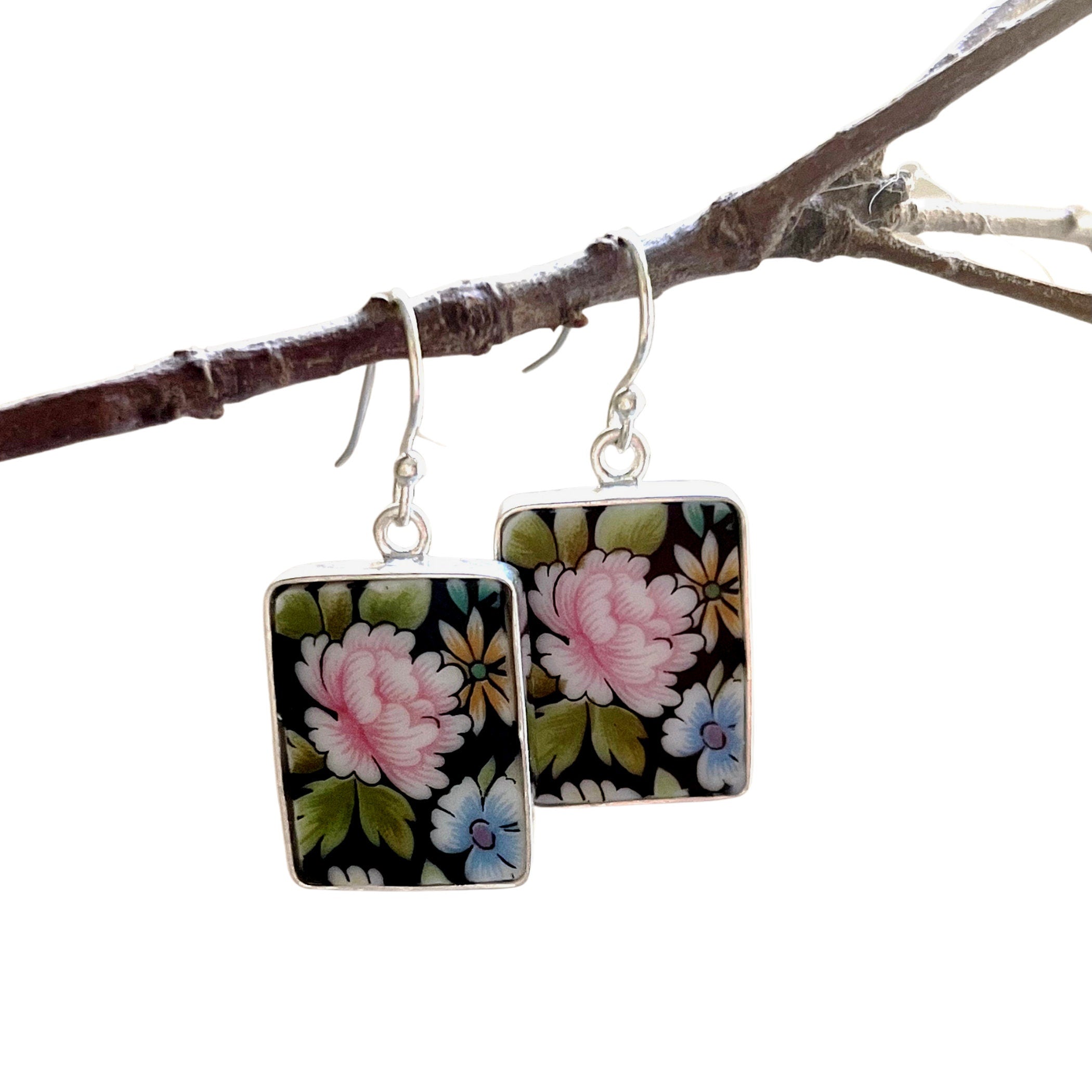 Dainty Rose Floral China Dangle Earrings handmade with Black Rose Chintz China, Pretty Vintage Style Broken China Jewelry Gift for Women