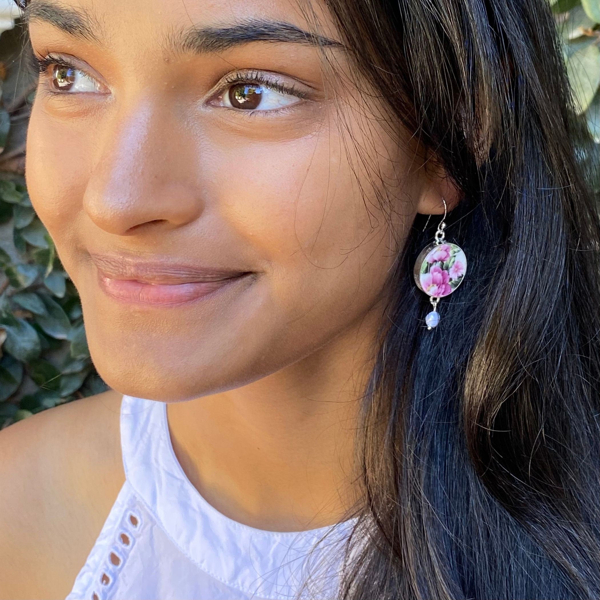 Vintage Pink Rose Chintz China Earrings handmade with Repurposed China