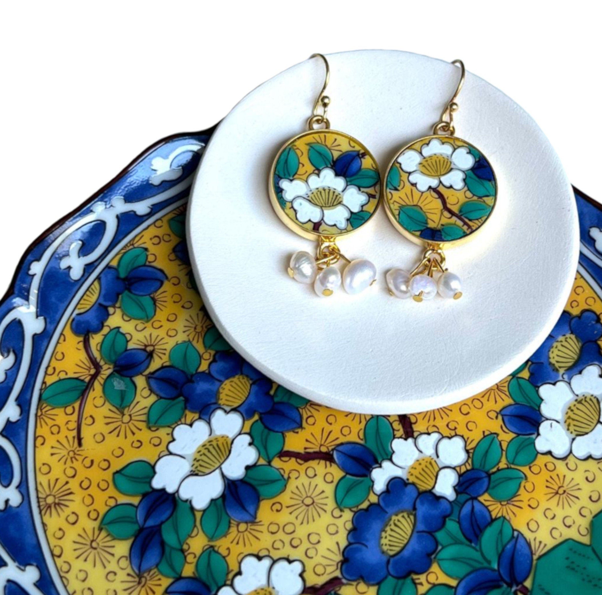 Japanese White Floral Kutani Porcelain Earrings with Vintage Takahashi San Francisco China