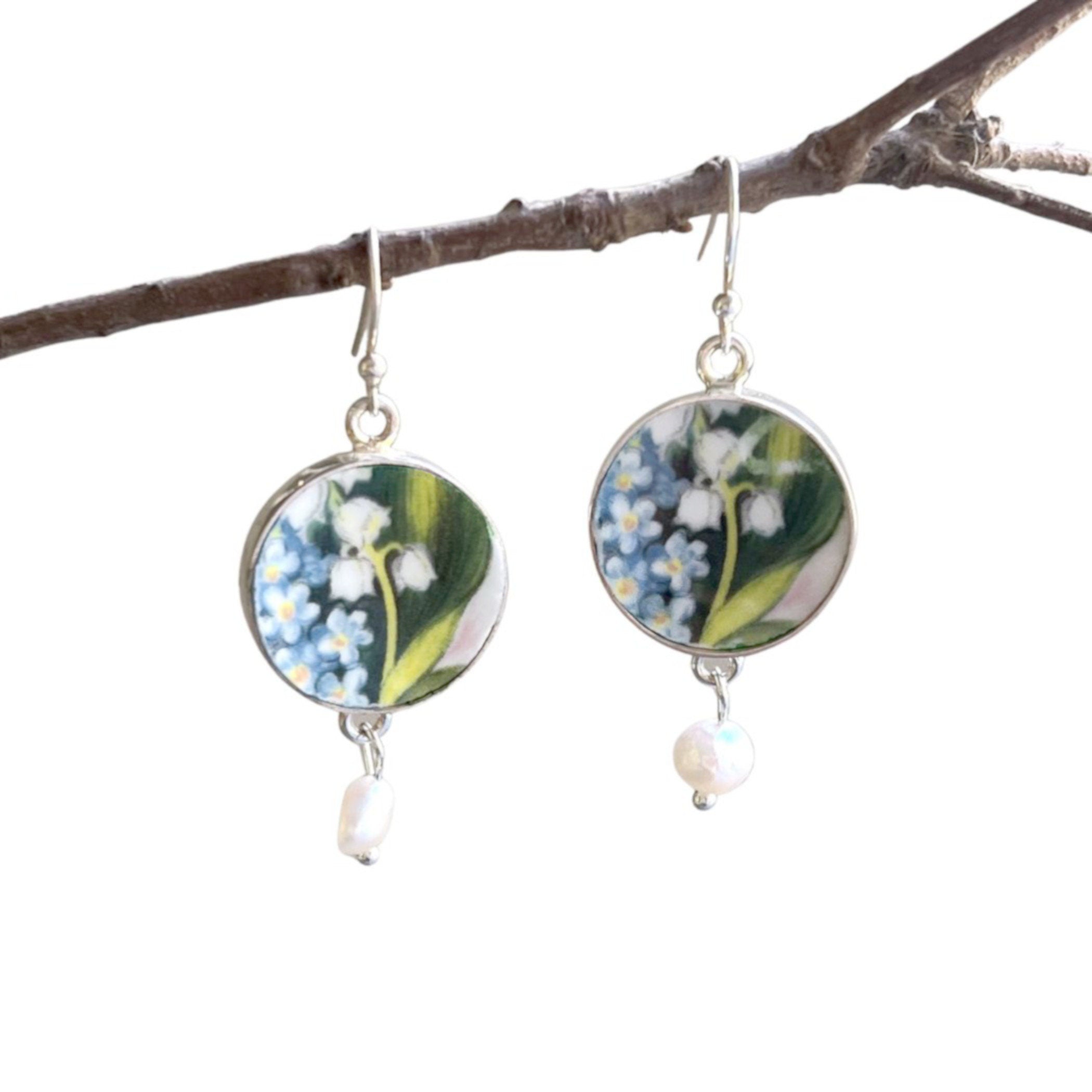 Royal Albert Broken China Jewelry Earrings handmade with Forget Me Not and Lily of the Valley China