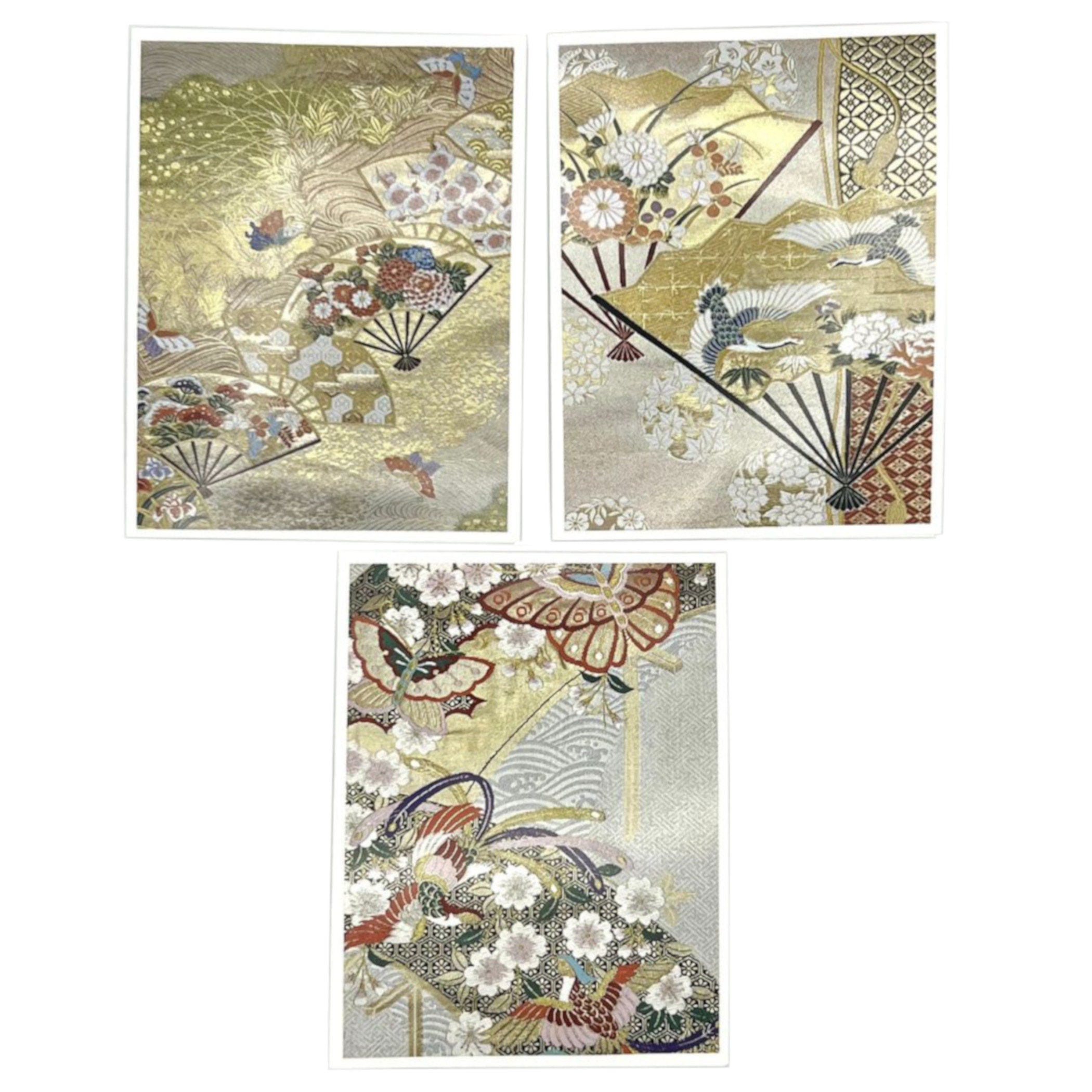 Japanese Greeting Card Set with Gold Obi & Silk Kimono Fabric Notecards