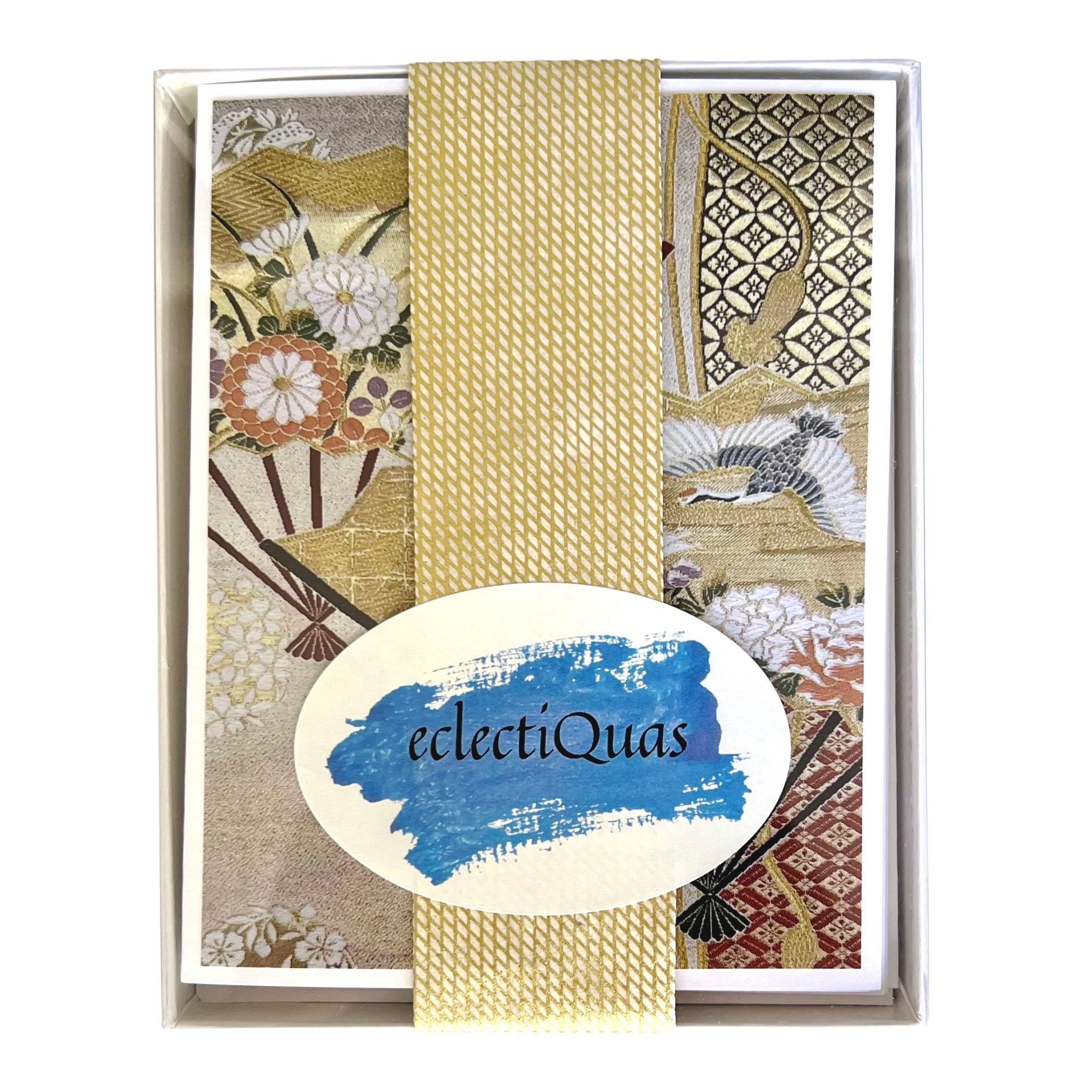 Japanese Greeting Card Set with Gold Obi & Silk Kimono Fabric Notecards