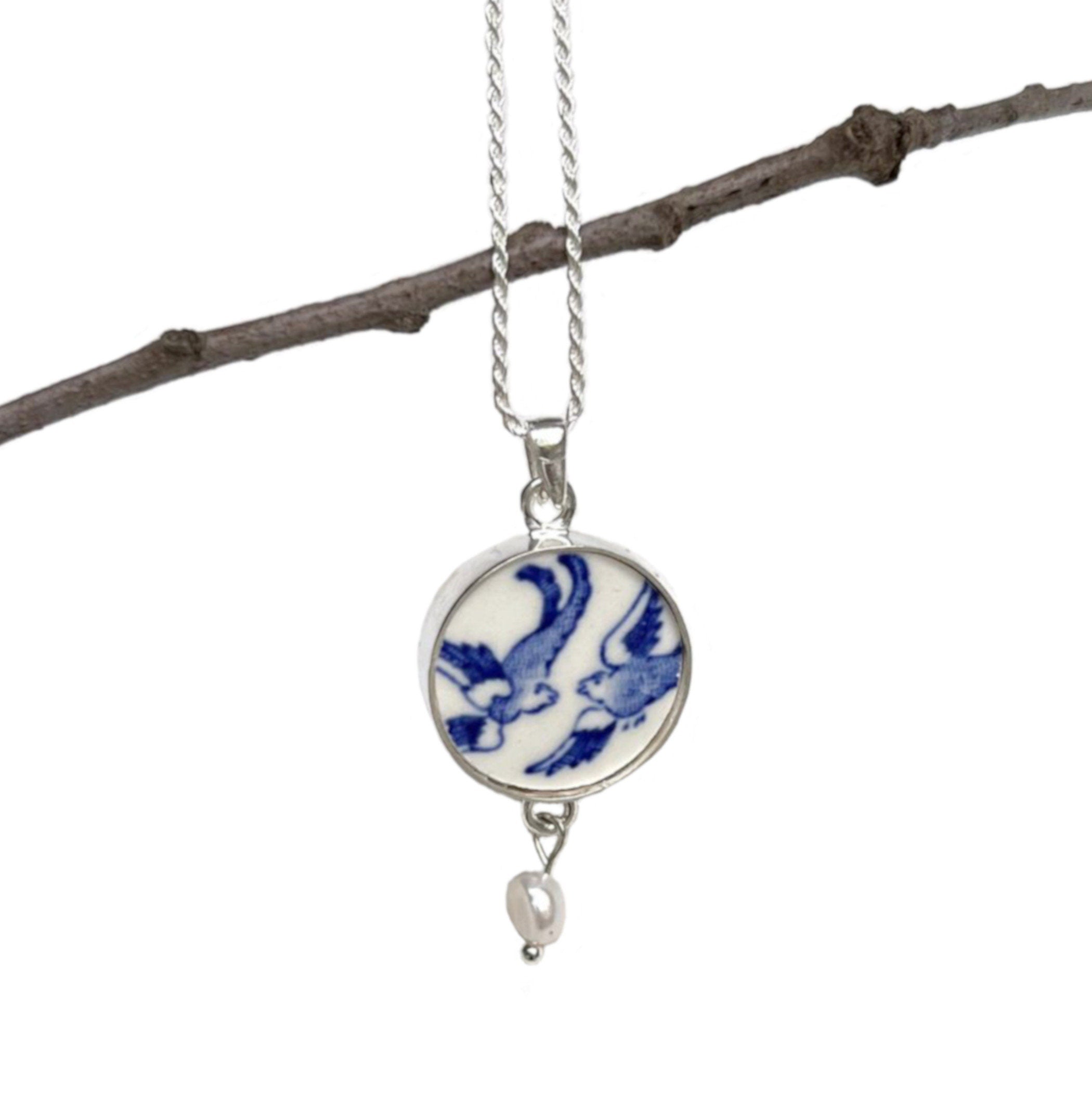 Blue Willow China Love Birds Necklace, Unique Christmas Gift for Wife, Thoughtful Vintage Blue & White China Jewelry Holiday Gift for Women