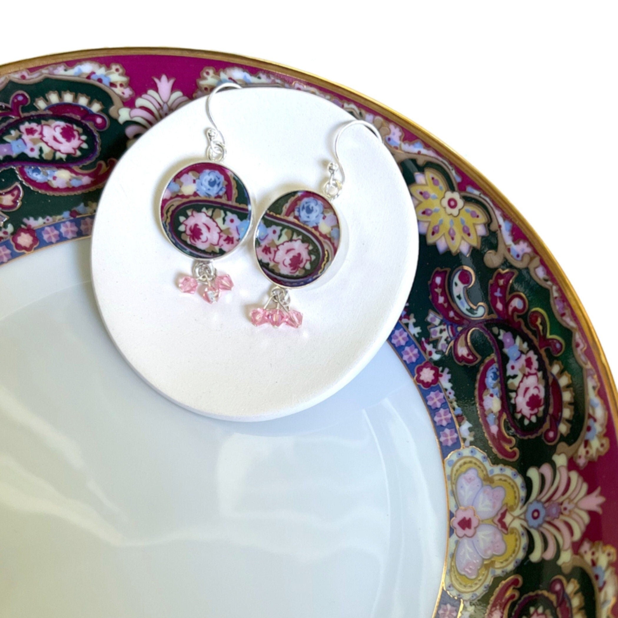 Paisley Rose China Earrings with Pale Pink Swarovski & Upcycled Porcelain, Elegant Maroon Broken China Jewelry Gift for Vintage China Lovers