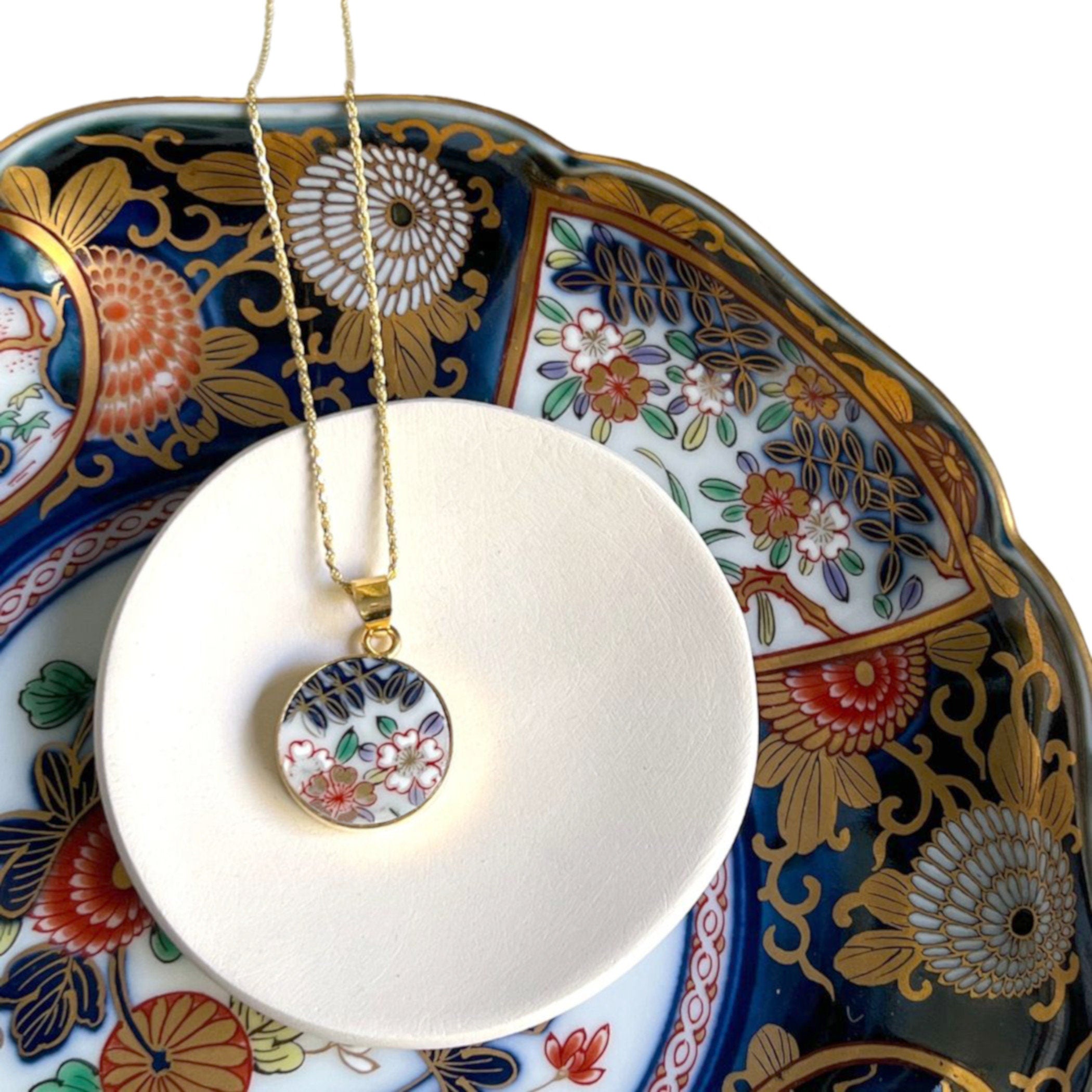 Gold Imari Arita Porcelain Necklace with Small Floral China Pendant