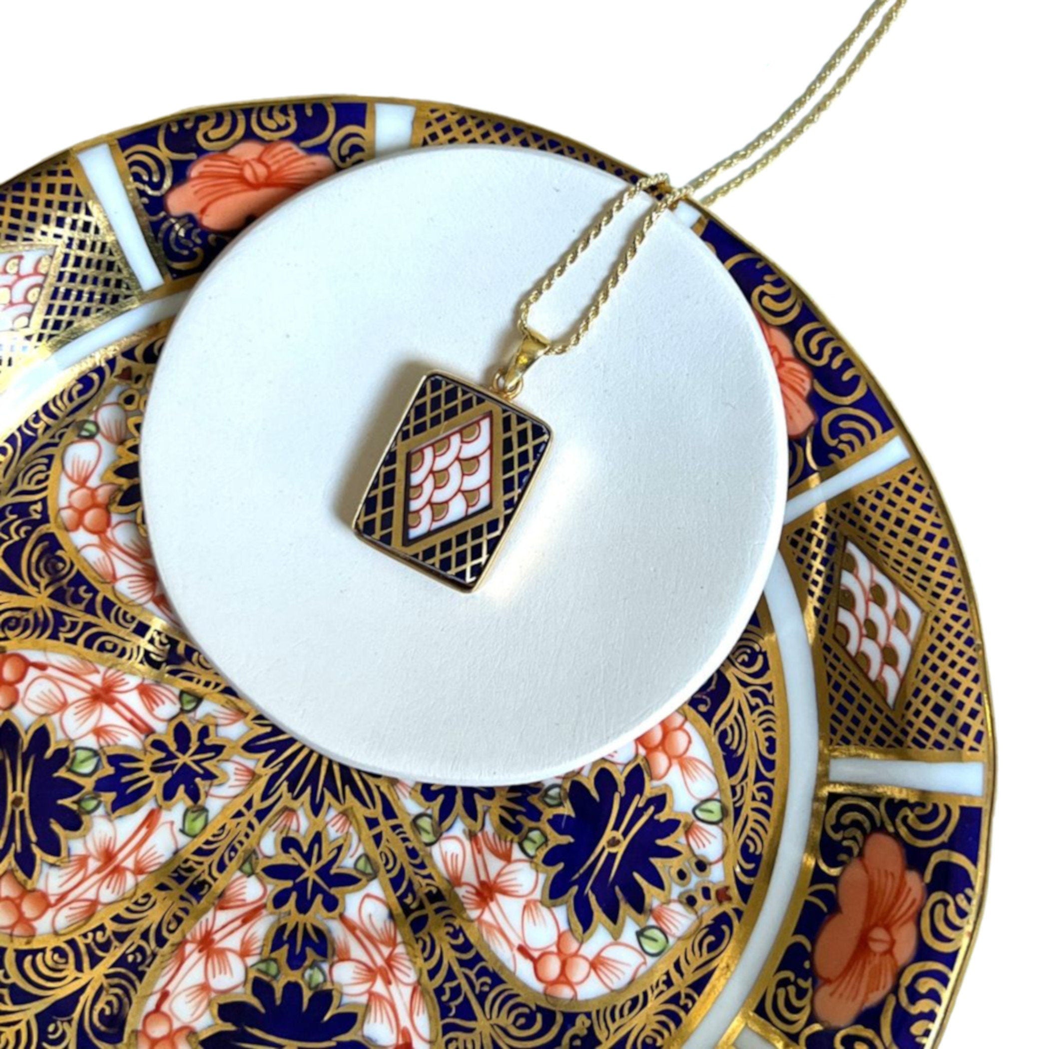 Dainty Royal Crown Derby Imari Porcelain Necklace with Gold Rectangle Pendant