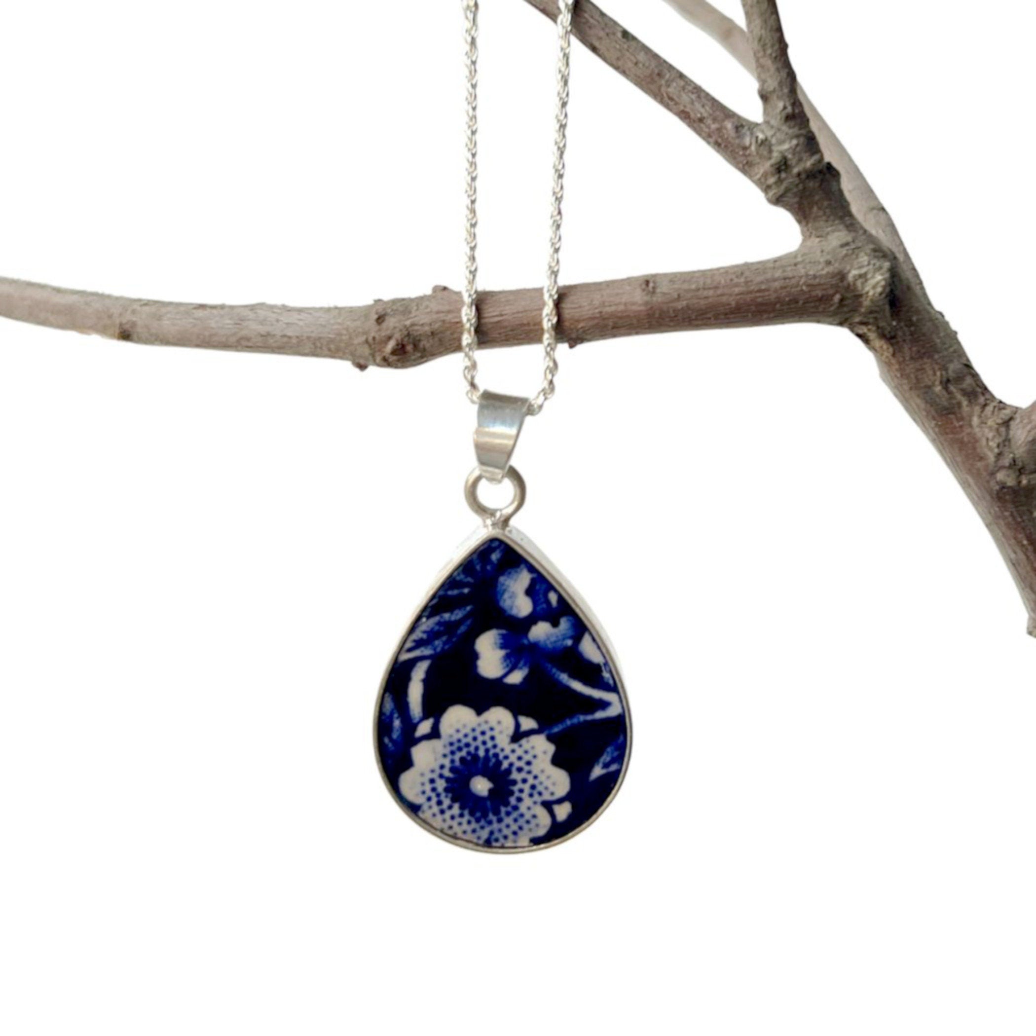 Burleigh Blue Calico China Necklace with Unique Teardrop Porcelain Statement Pendant