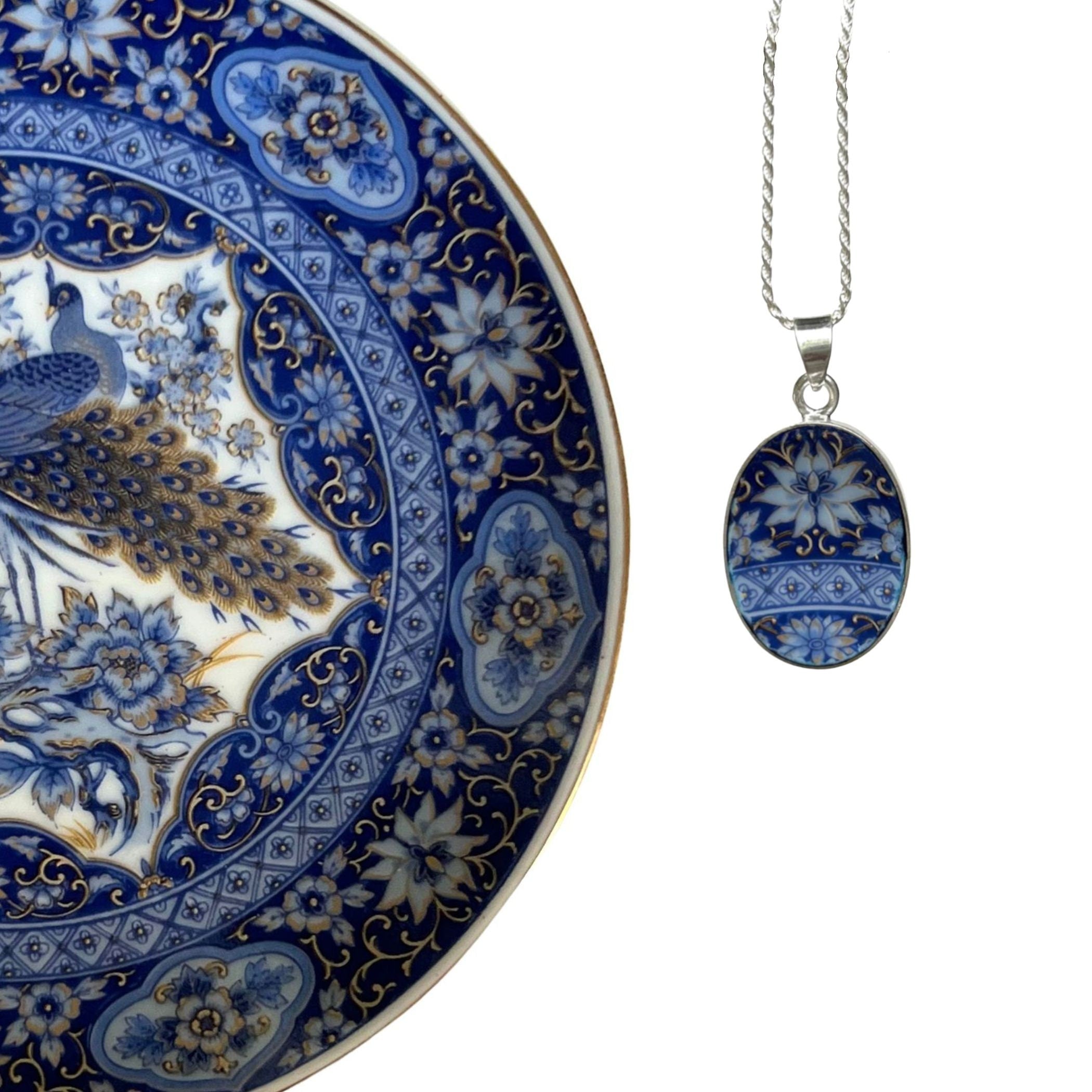 Intricate Blue Oval Egg Pendant Necklace handmade with Upcycled Porcelain